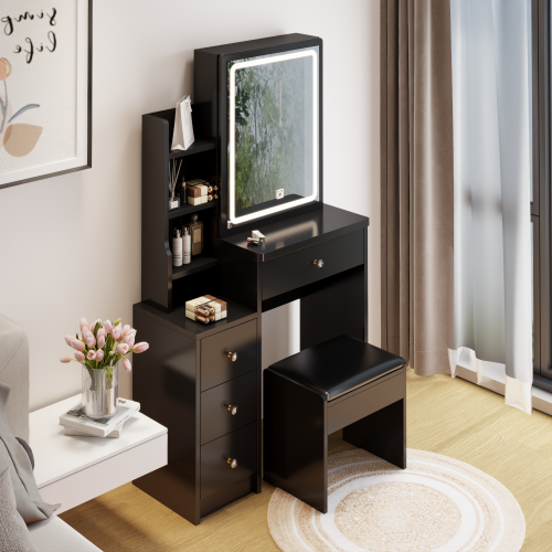 29.2" Small Size Left Bedside Cabinet Vanity Table + Cushioned Stool, Large Sliding, Touch Control, Tri-color Switching, Brightness Adjust LED Mirror, High Capacity Storage, Suitable for Small Space、、xpatfood