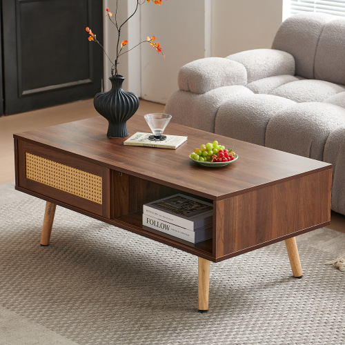 41.34" Rattan Coffee table, sliding door for storage, solid wood legs, Modern table for living room , natural、、casual