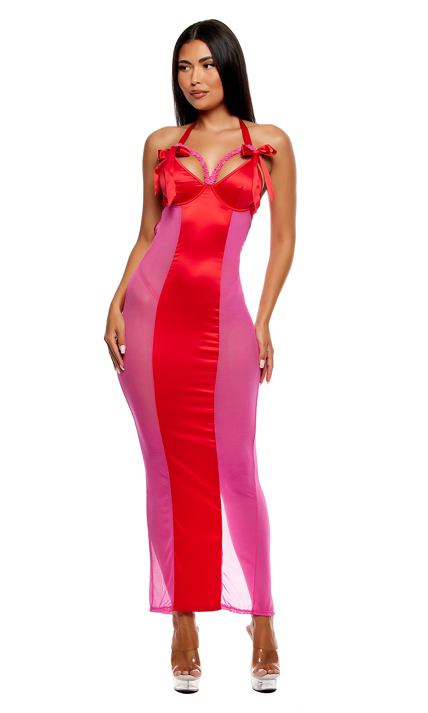 No Strings Attached Satin and Mesh Lace Trim Nightgown Lingerie Set - Red Pink、mySite、bengalsvssteelers