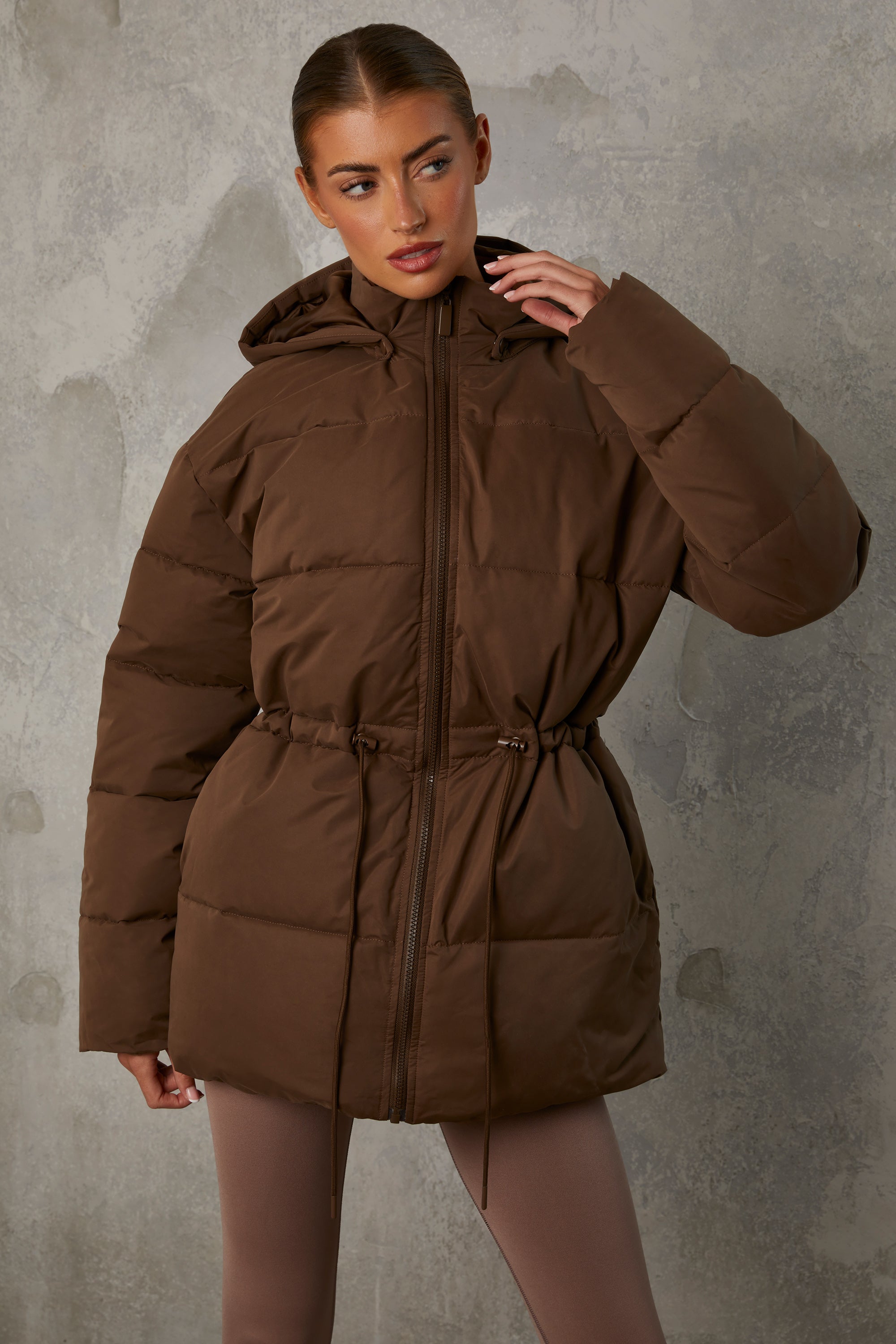 Mid Length Hooded Puffer Coat in Cocoa Brown、mySite、solidvoid