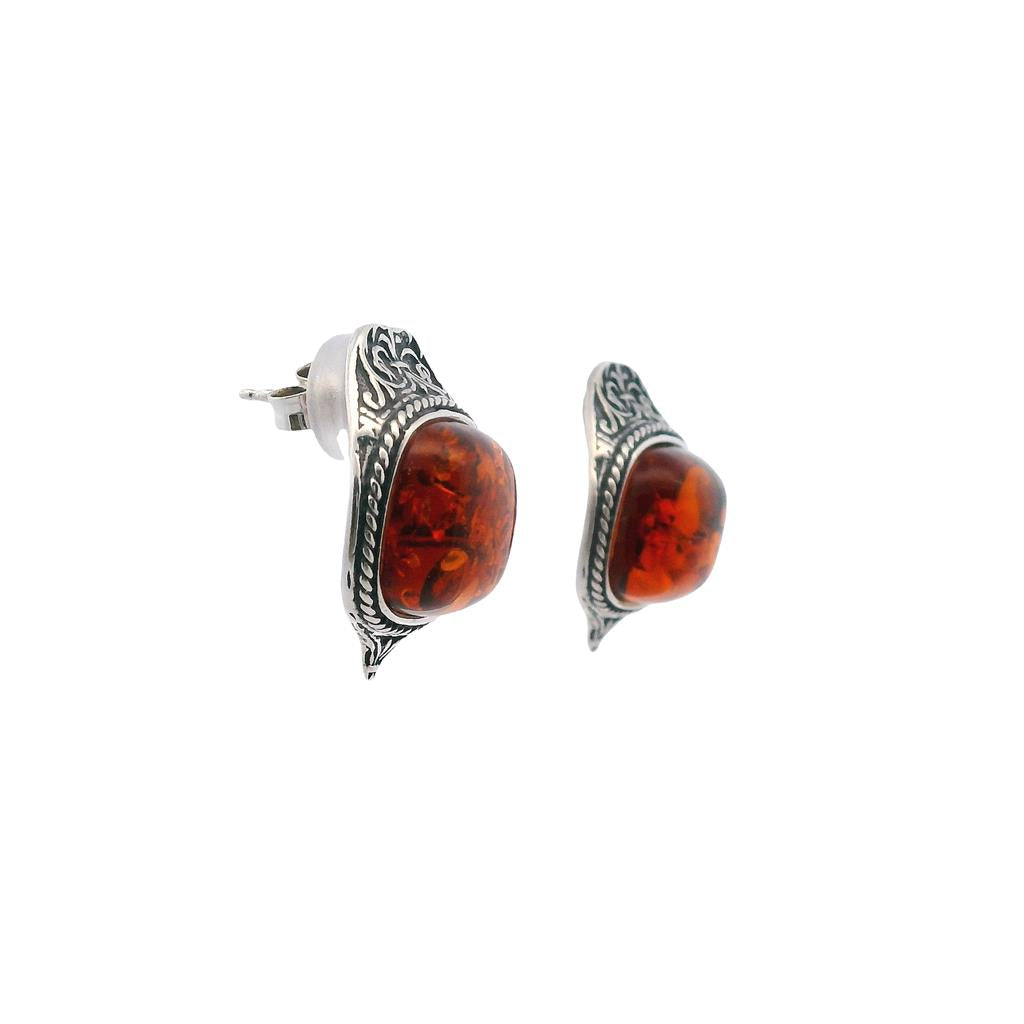  Estate Sterling Silver Cushion Amber Stud Earrings