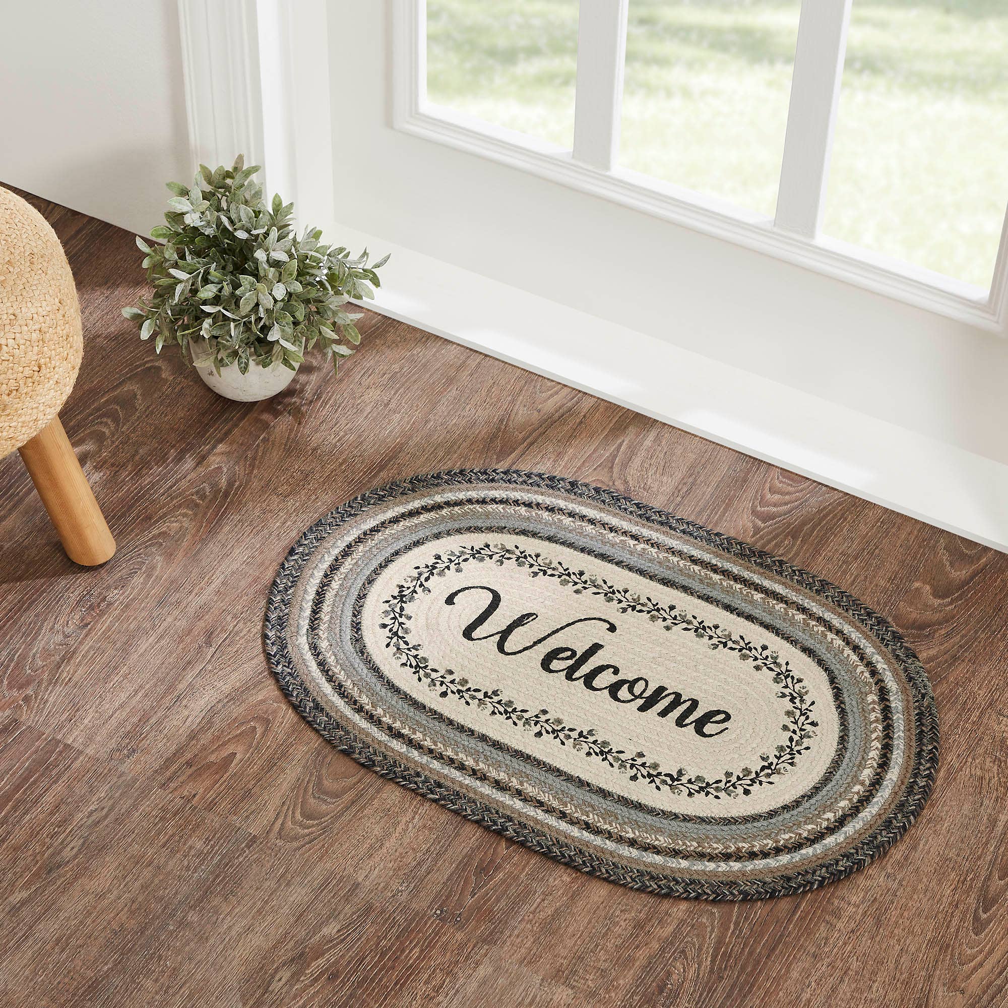 Floral Vine Jute Oval Rug Welcome 20x30、mySite、g9winljtr