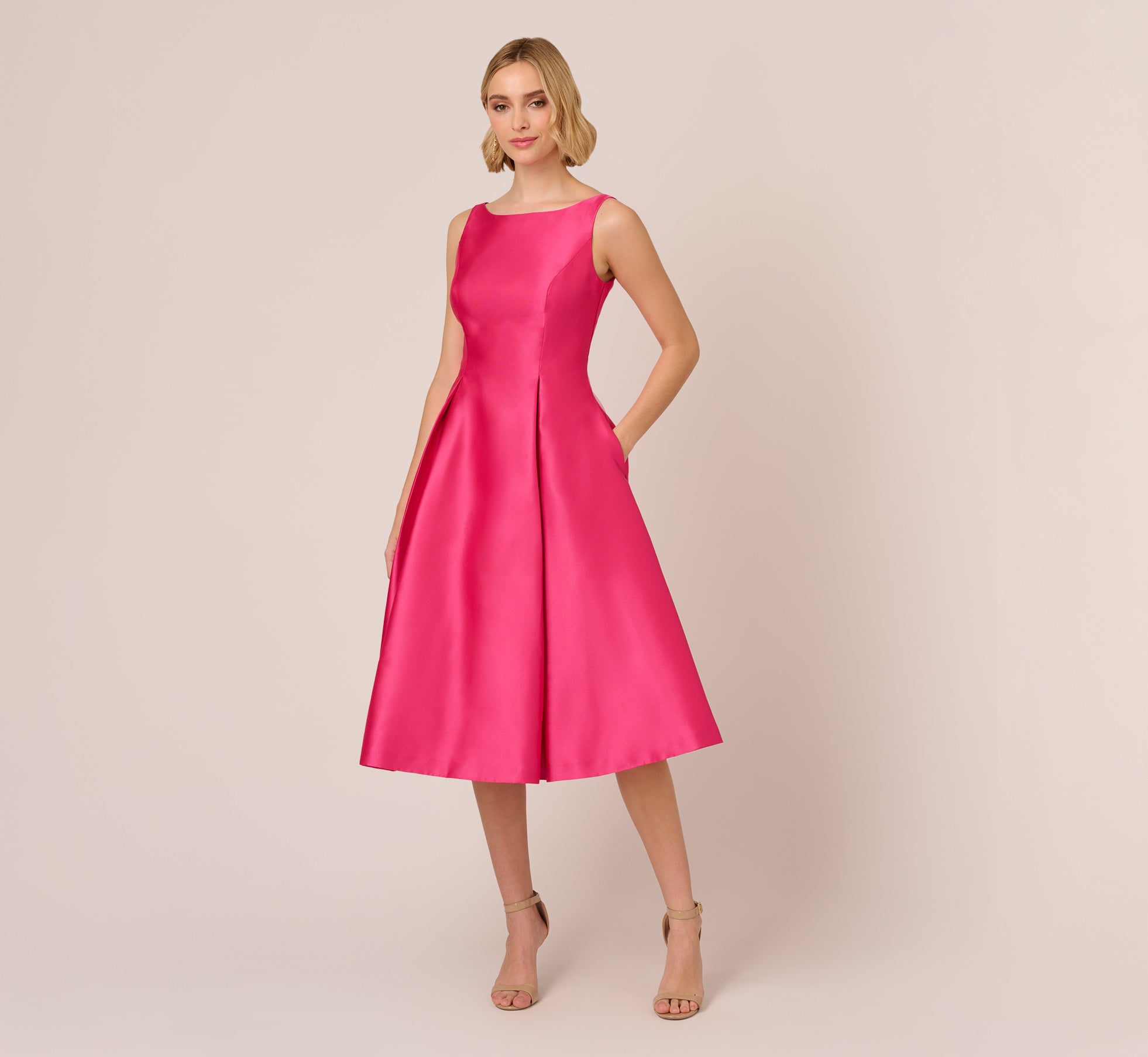 Sleeveless Mikado Fit And Flare Midi Dress With V-Back In Electric Pink、mySite、solidvoid