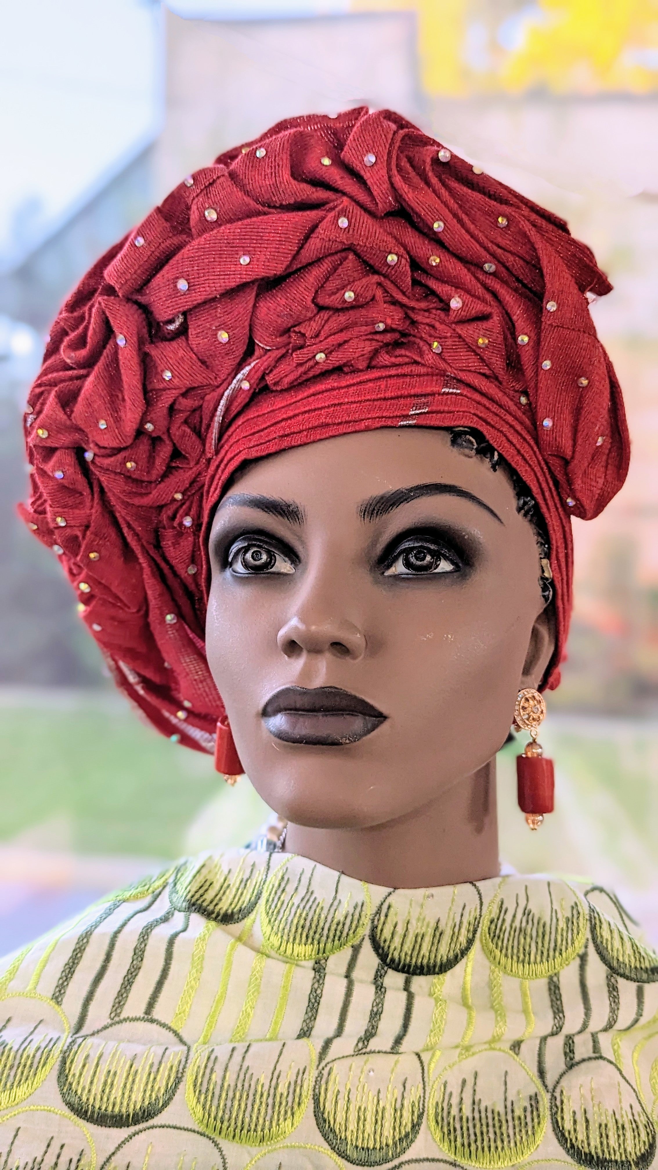 Red and Silver Dahomey African Aso Oke head tie Autogele ready gele pre-tied head wrap-DPARSBL30、mySite、solidvoid