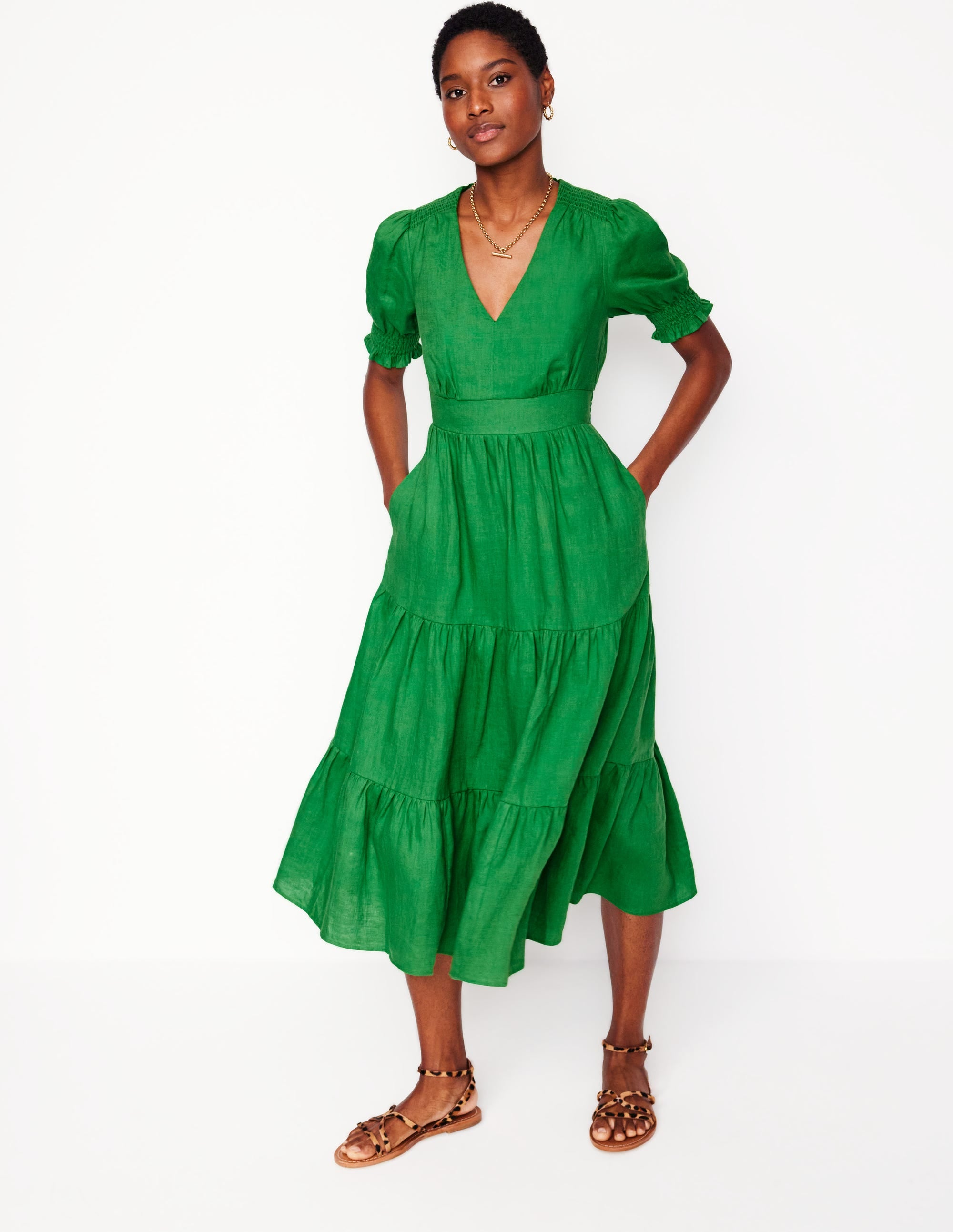  Anna Linen Tiered Midi Dress-Paradise Green、mySite、ashleygrahame