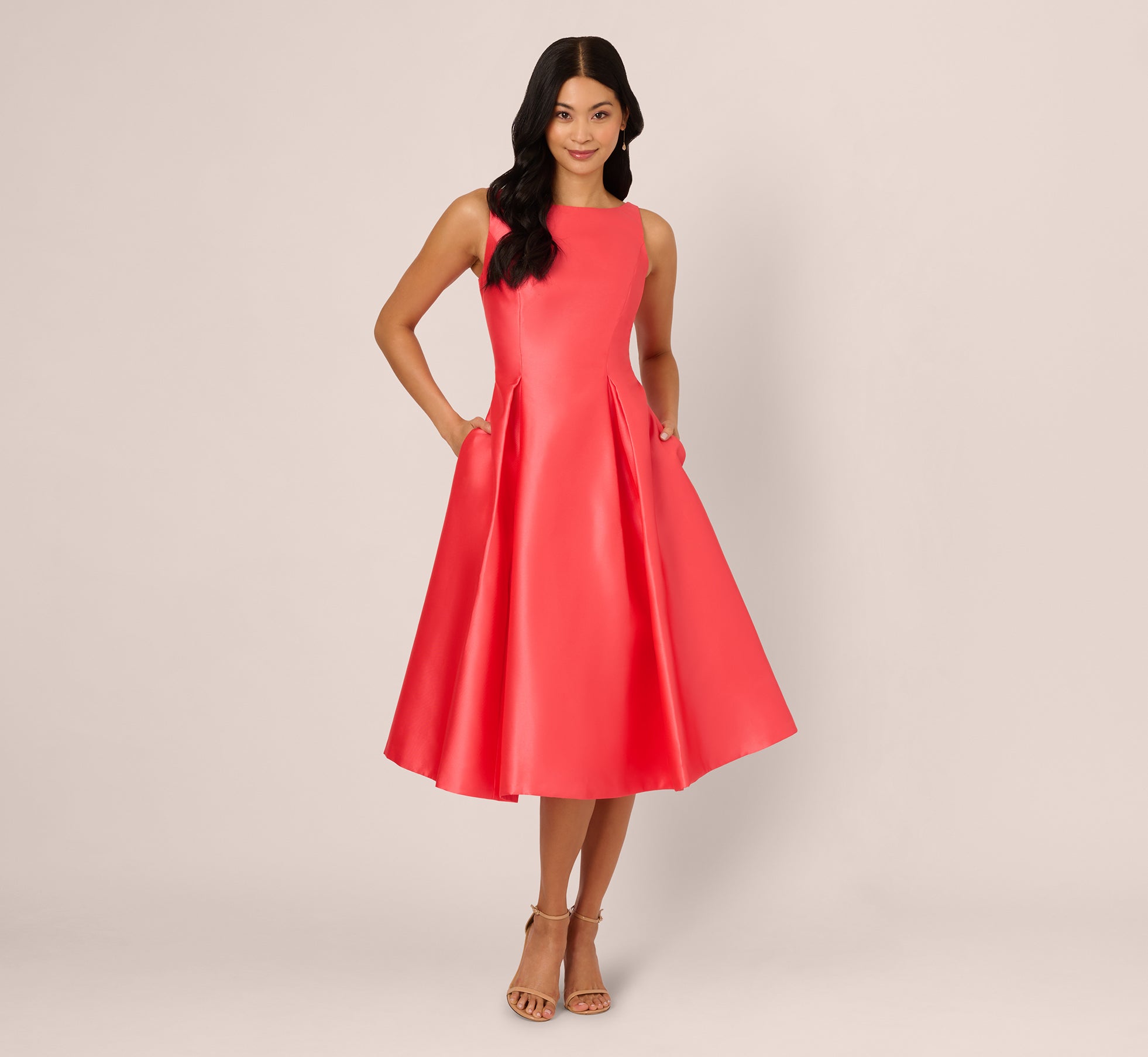 Sleeveless Mikado Fit And Flare Midi Dress With V-Back In Desert Flower、mySite、solidvoid