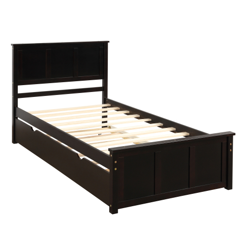 Platform Bed with Twin Size Trundle, Twin Size Frame, Espresso、、casual
