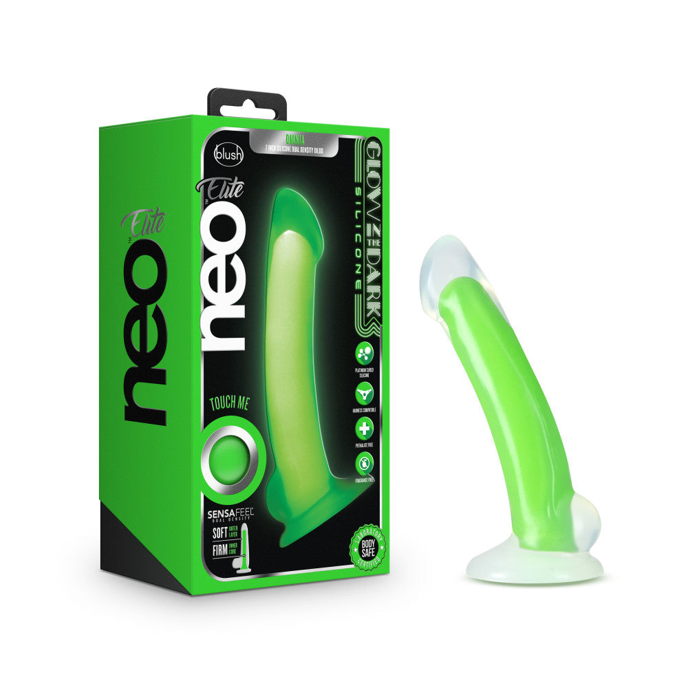 Neo Elite By Blush® | Omnia Glow In The Dark Neon Green: 7-Inch Long Curved Dildo - Made with Purio™ Silicone & SensaFeel® Dual Density Realistic Technology、mySite、bottomscart
