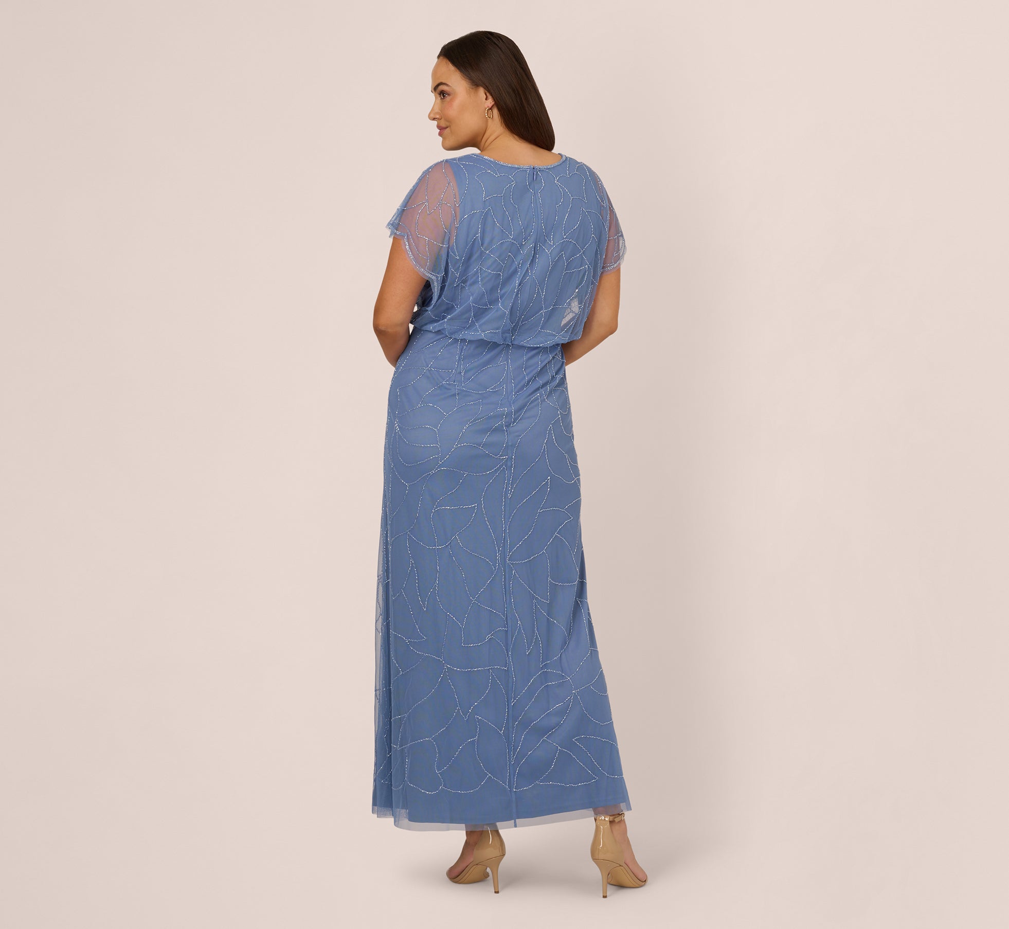 Plus Size Beaded Blouson Mermaid Gown With Sheer Dolman Sleeves In French Blue、mySite、solidvoid