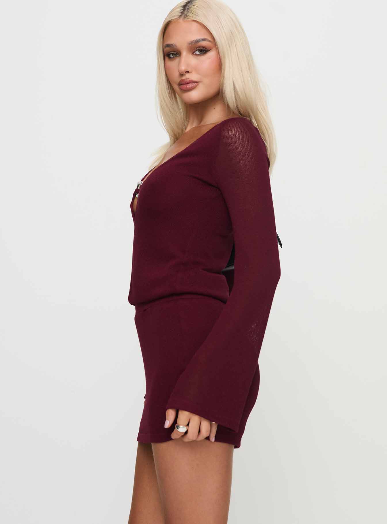 Charming Long Sleeve Mini Dress Maroon、mySite、solidvoid