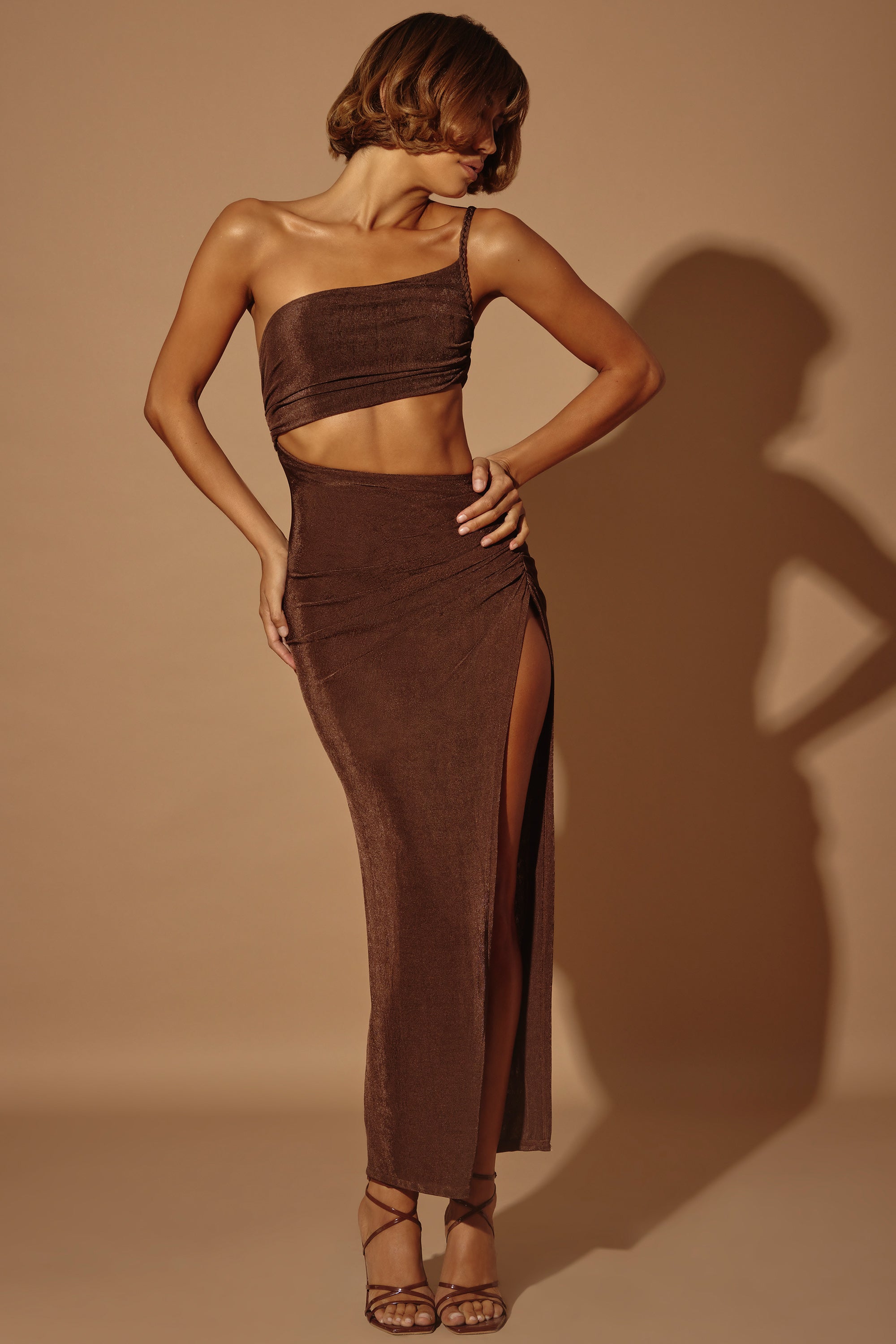 One Shoulder Cut Out Maxi Dress in Brown、mySite、solidvoid