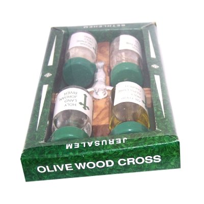  Olive Wood Cross Set with 4 Bottles - Anotinting Oil, Jordan River Water, Holy Earth and Incense、mySite、elrpsem3k