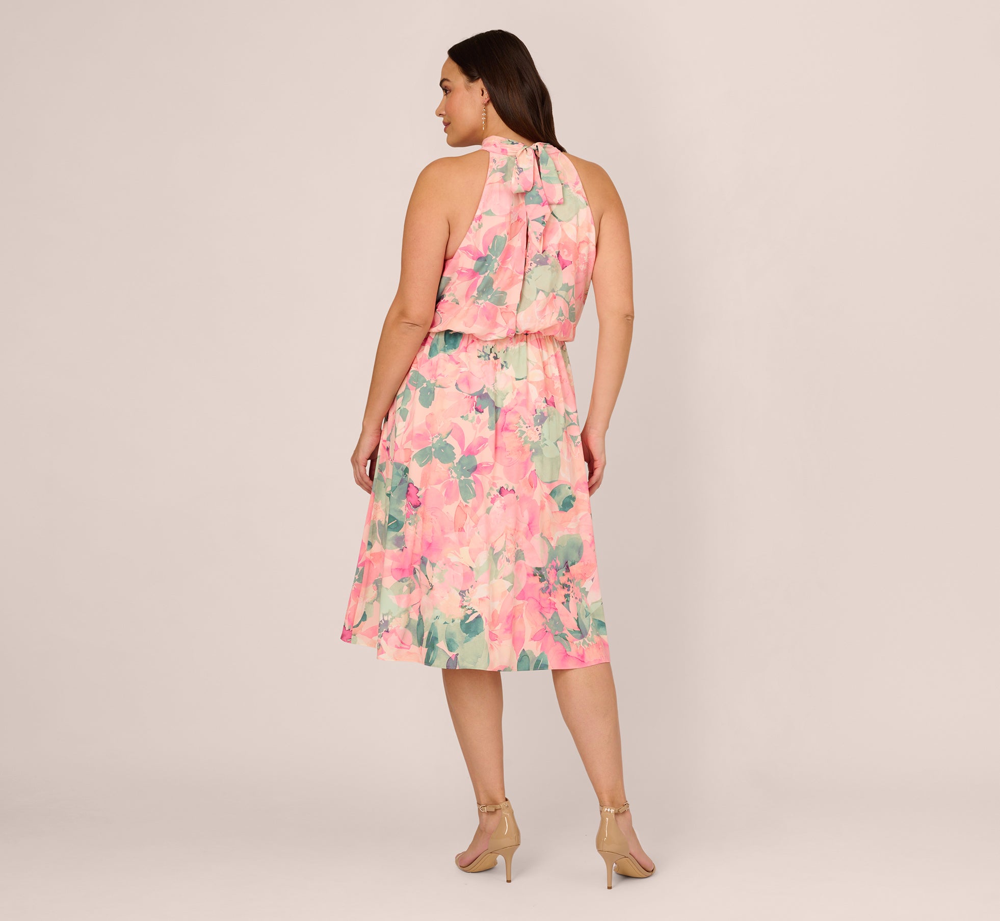 Plus Size Floral Print Chiffon Halter Dress With Mock Neck In Blush Multi、mySite、solidvoid