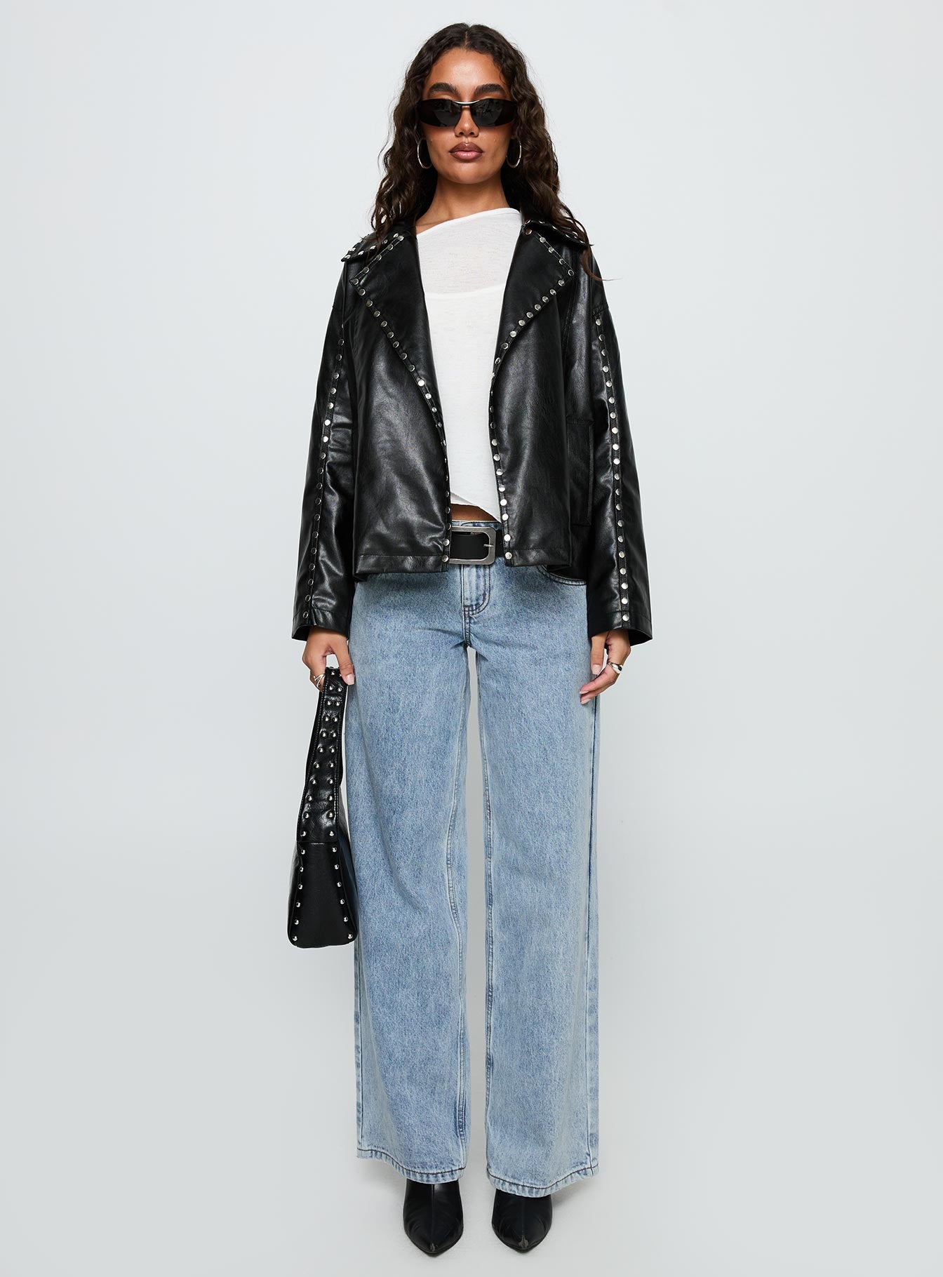 Kaeden Faux Leather Stud Detail Biker Jacket Black、mySite、solidvoid