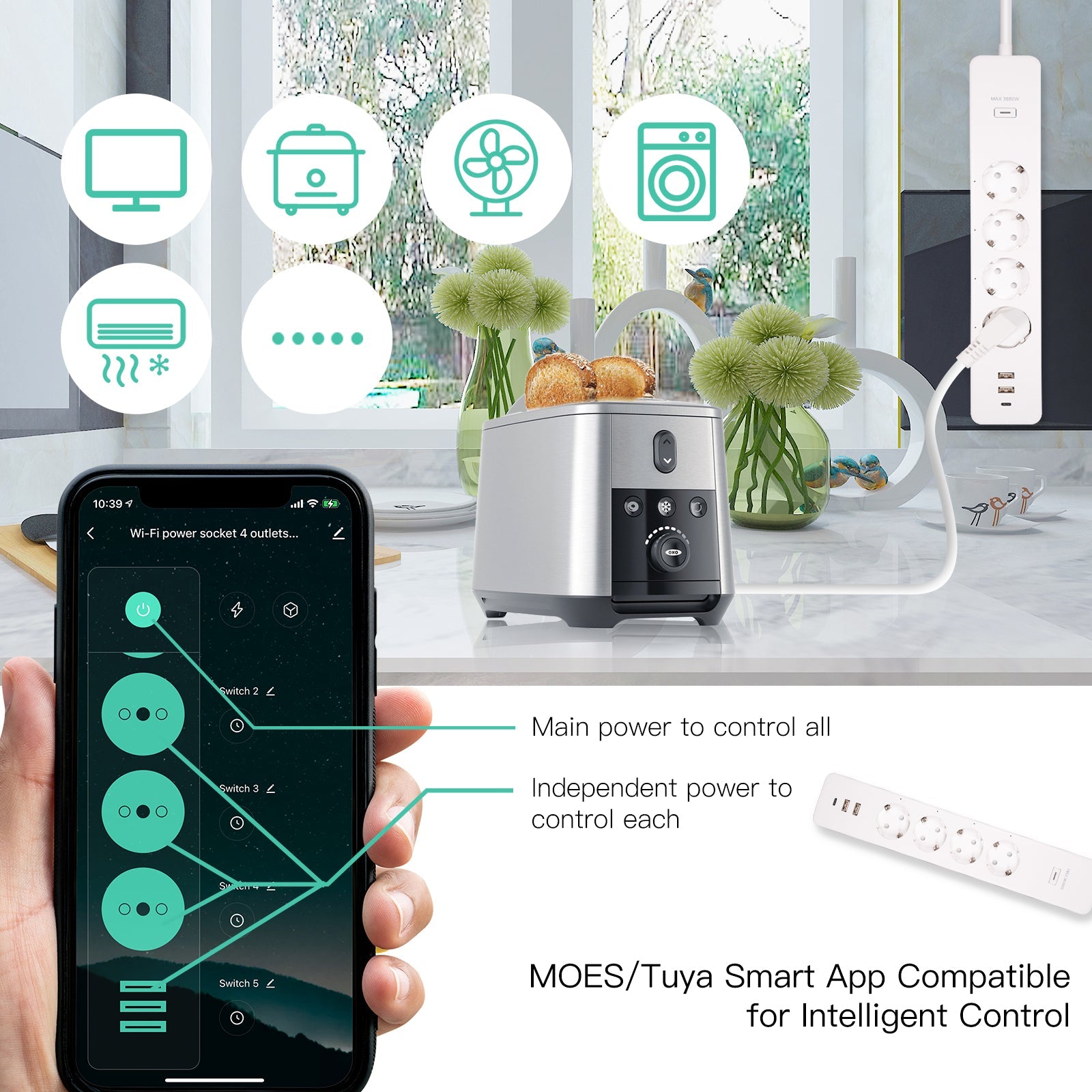 MOES WiFi Tuya Smart Power Strip Surge Protector Electric Power Monitor Socket、mySite、fannypackpong