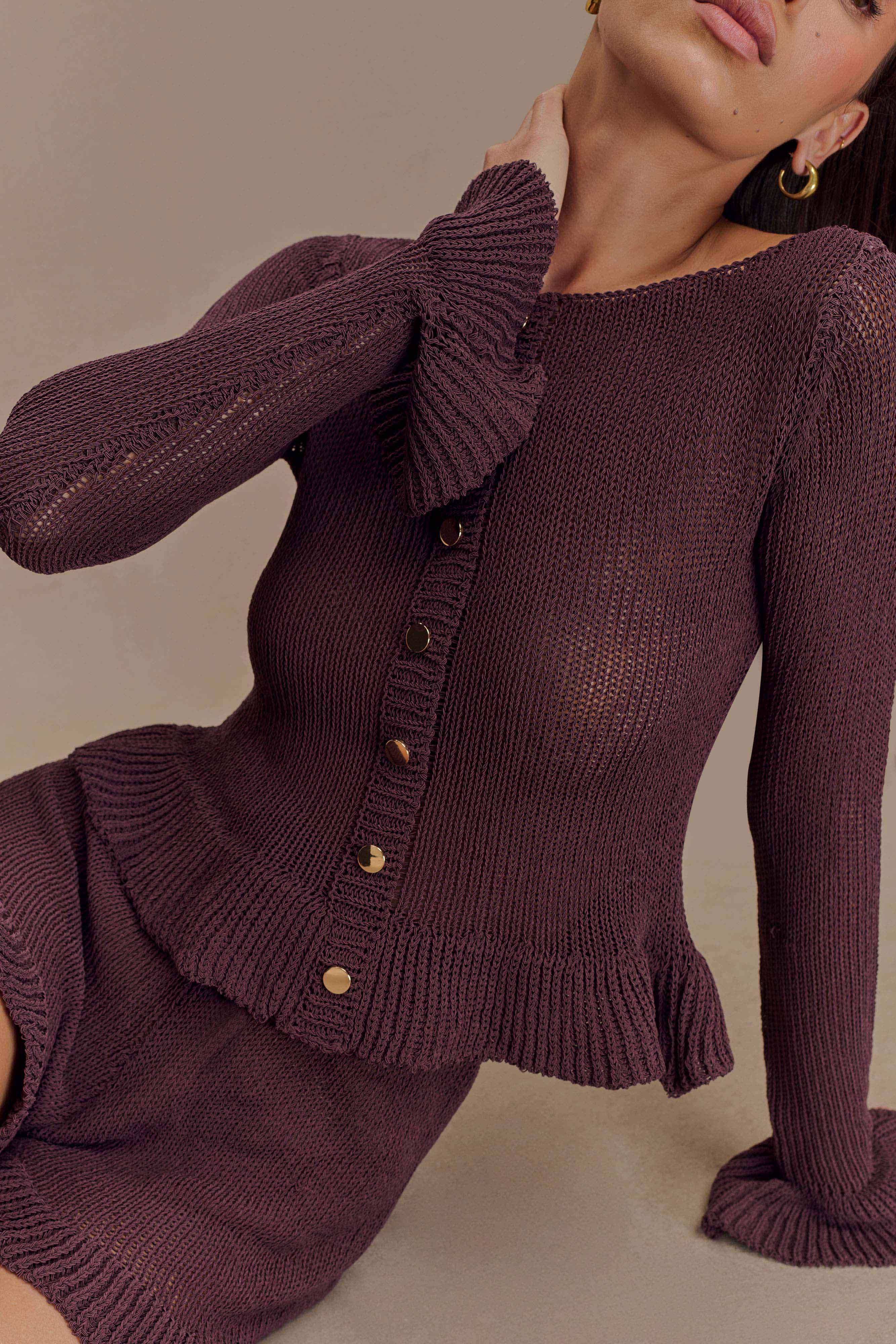 Eleanor Knit Frill Cardigan - Chocolate、mySite、solidvoid