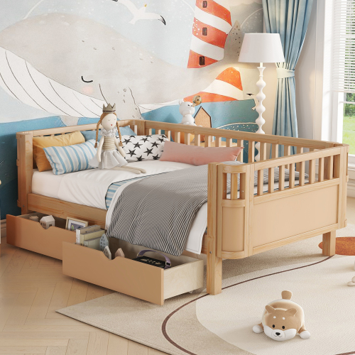 Twin Size Wood Platform Bed for Kids, Wood Low Profile Twin Bed with Rails for Girls and Boys, Natural (Patented Design) , Expect Arrival Date 2025/9/15、、eastwooduniform