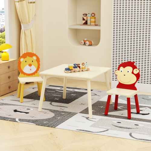 Kids Table and 2 Chairs Set, 3 Pieces Toddler Table and Chair Set, Wooden Activity Play Table Set (Lion&Monkey)、、casual