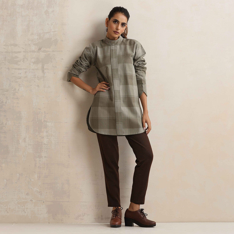 Cotton High Neck Short Kurta For Women | Checkered Print | Green、mySite、camillekostekn