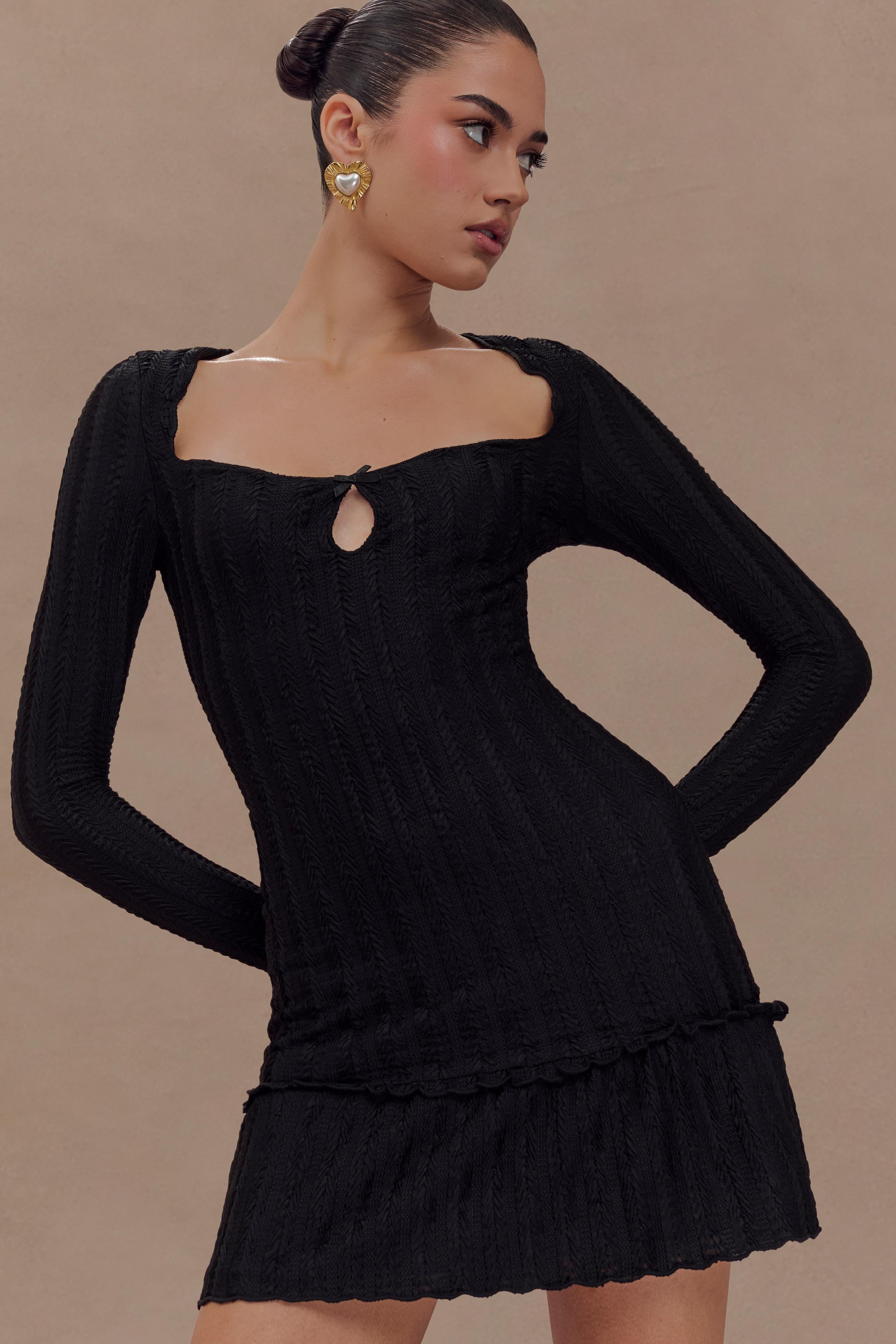 Daphne Pointelle Long Sleeve Mini Dress - Black、mySite、solidvoid