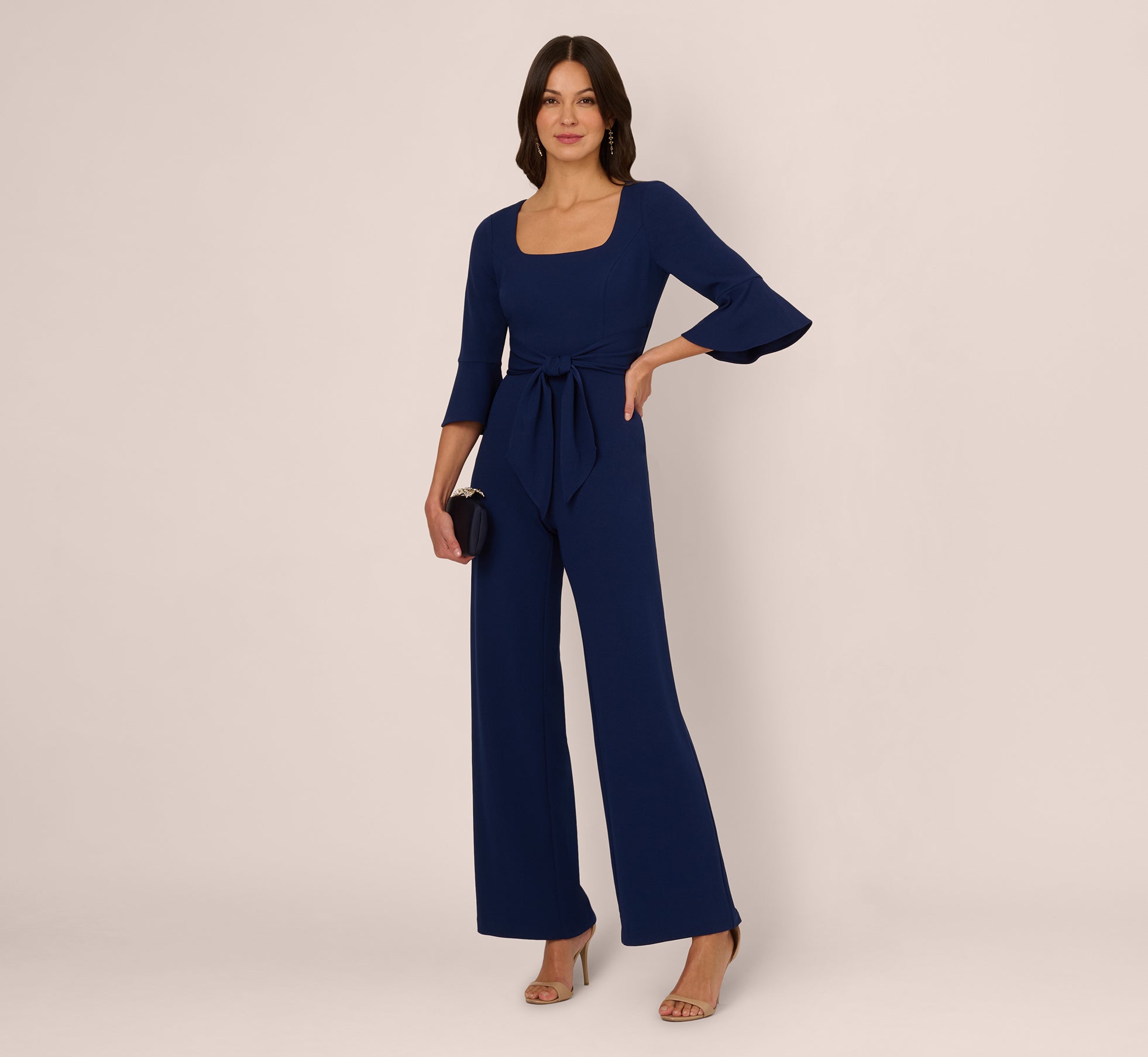 Knit Crepe Wide Leg Jumpsuit With Bell Sleeves In Navy Sateen、mySite、solidvoid