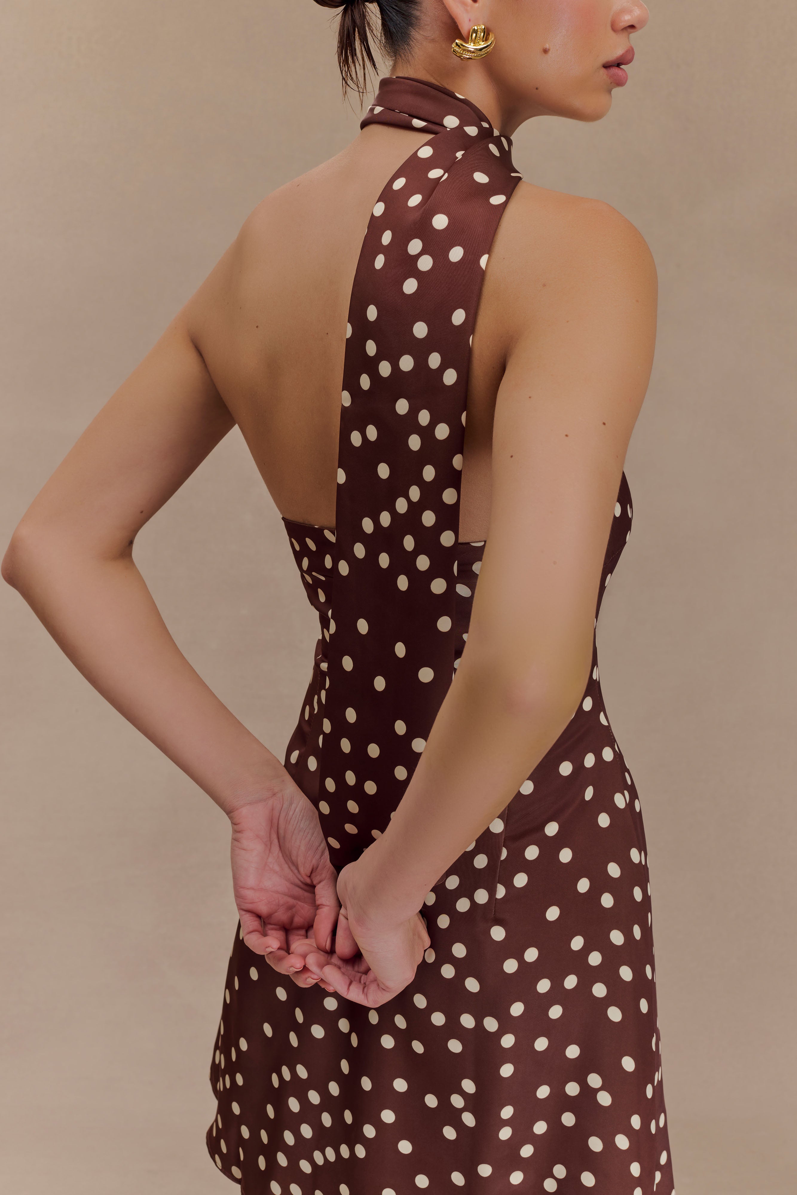 Joan Satin Asymmetrical Mini Dress - Brown Polka Dot Print、mySite、solidvoid