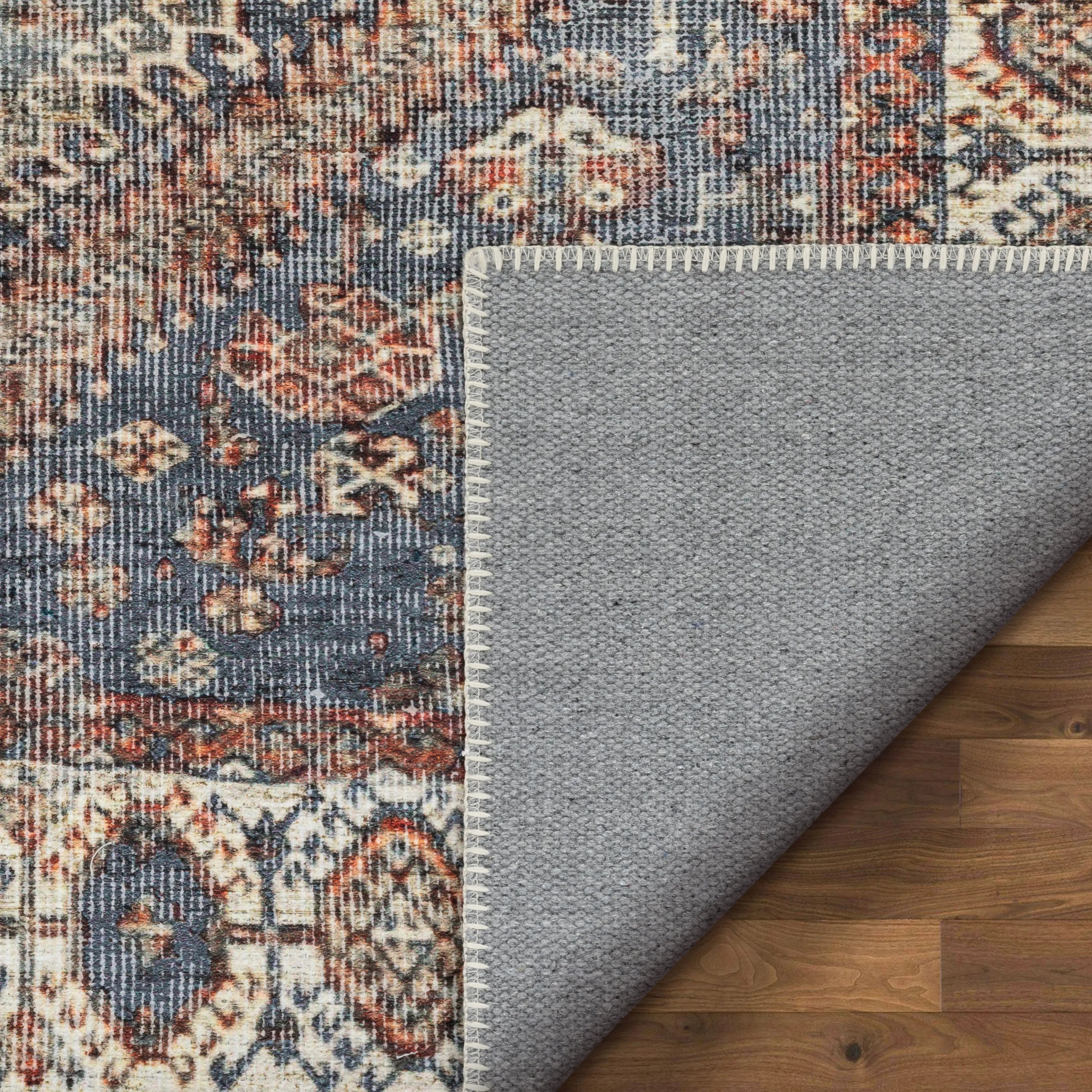 Ripon Machine Washable Vintage Medallion Botanical Border Blue Red Flat-Weave Distressed Rug、mySite、gigharbornorthrealestate