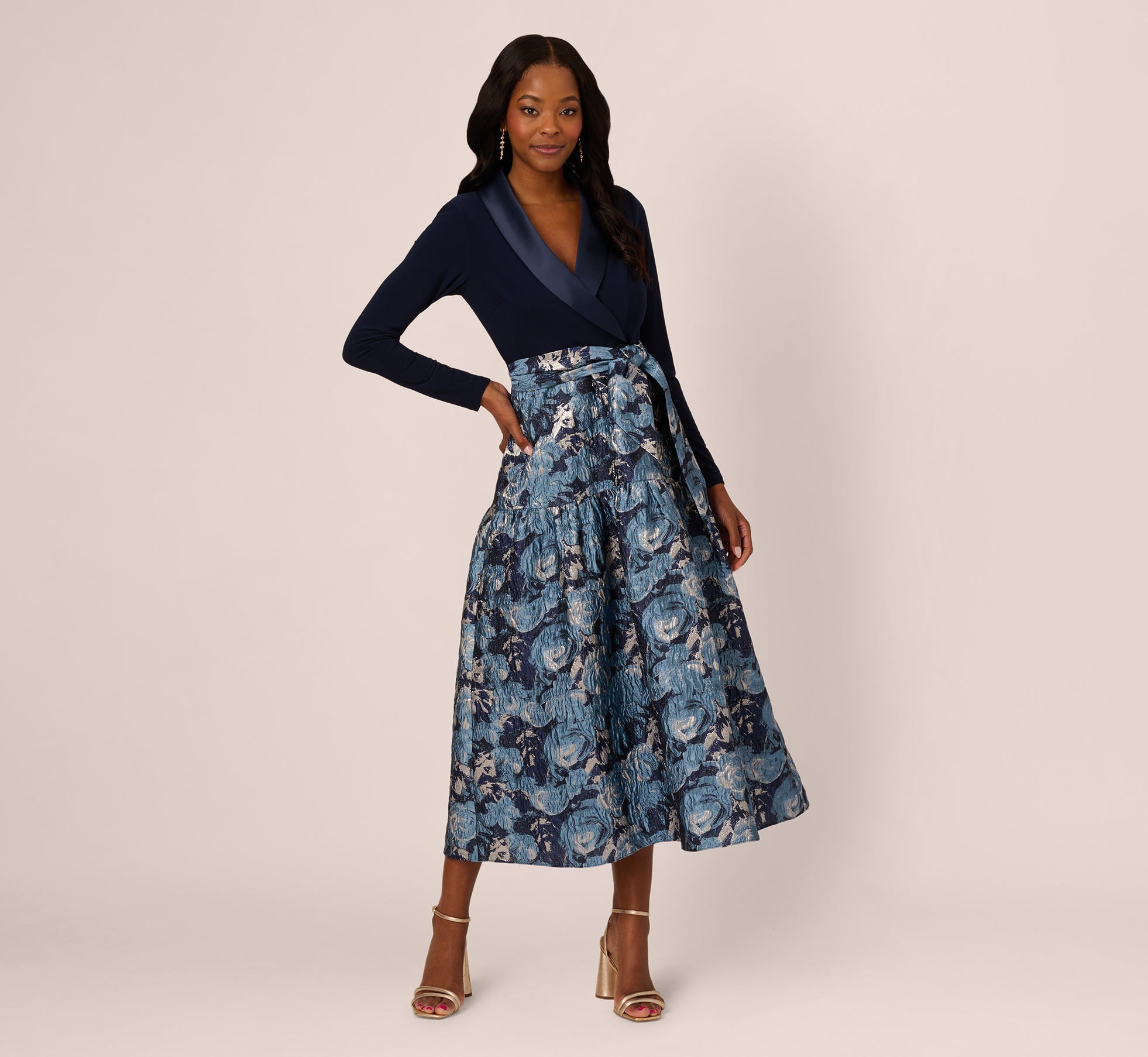 Long Sleeve Tuxedo Jacquard Combo Gown In Midnight Multi、mySite、solidvoid