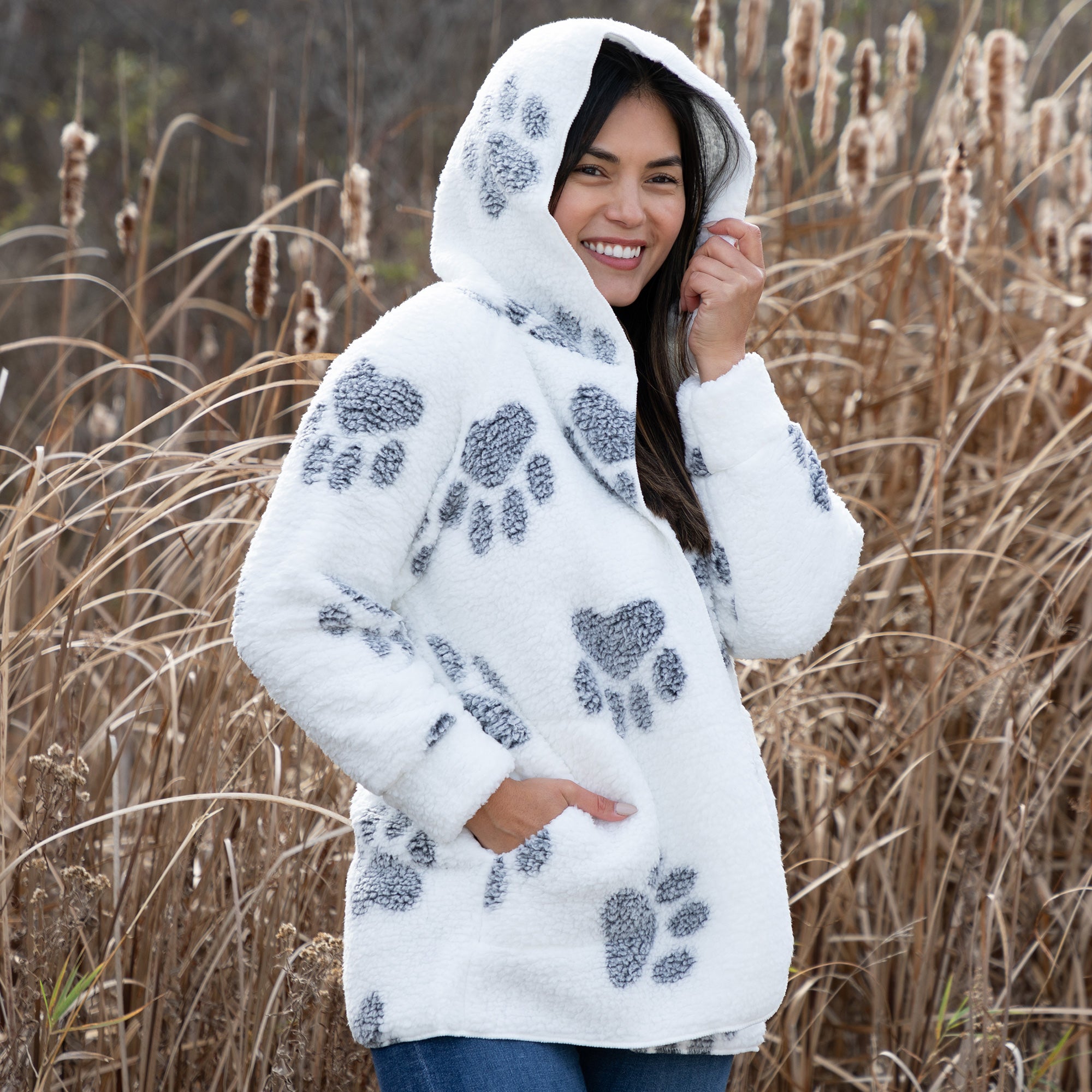 Cozy in Paws Plush Sherpa Fleece Open Jacket with Pockets、mySite、camillekostekn