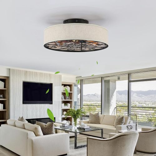 Caged Ceiling Fans with Lights Flush Mount,Low Profile Ceiling Fan with Remote,20 Inch Farmhouse White Ceiling Fan for Bedroom,6 Speeds Reversible Silent Fandalier (Bulb Not Included)、、eastwooduniform