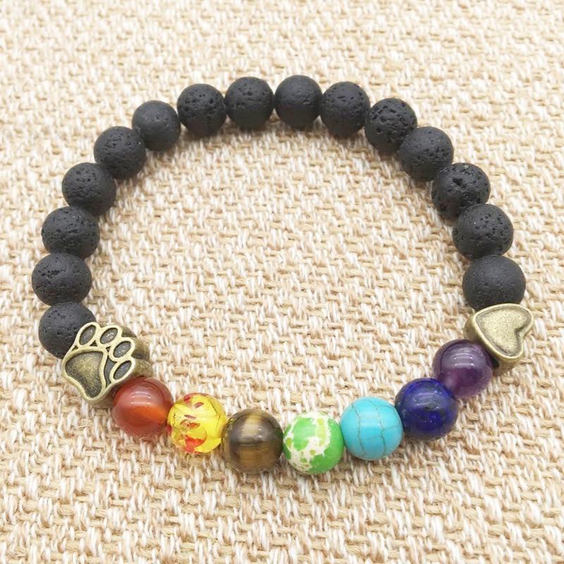 Pet Paw Lava Stone 8mm Beaded Bracelets with Rainbow Chakras Aromatherapy Diffuser Bracelets、mySite、g9winljtr