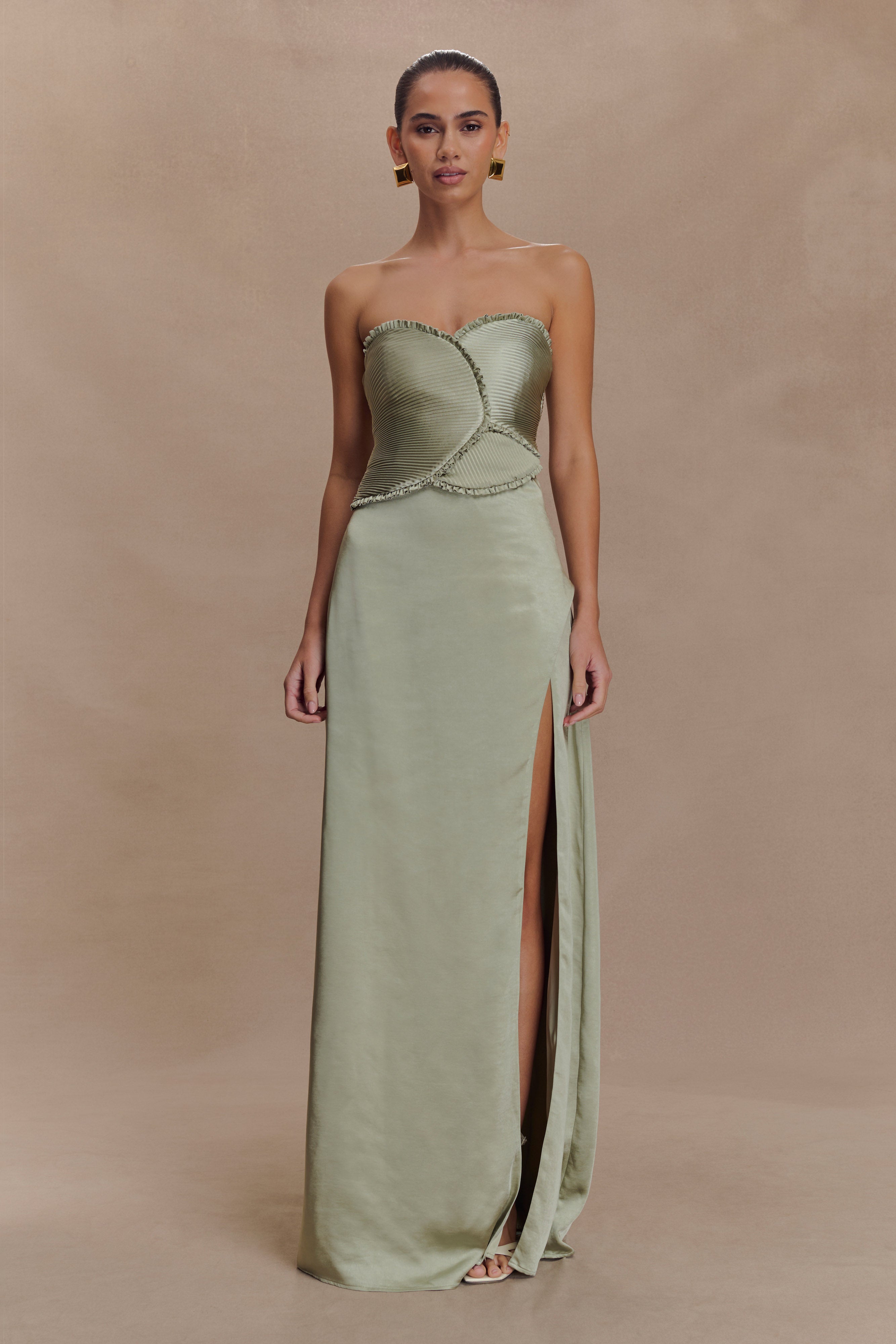 Larissa Satin Maxi Dress With Ruched Petals - Sage、mySite、solidvoid