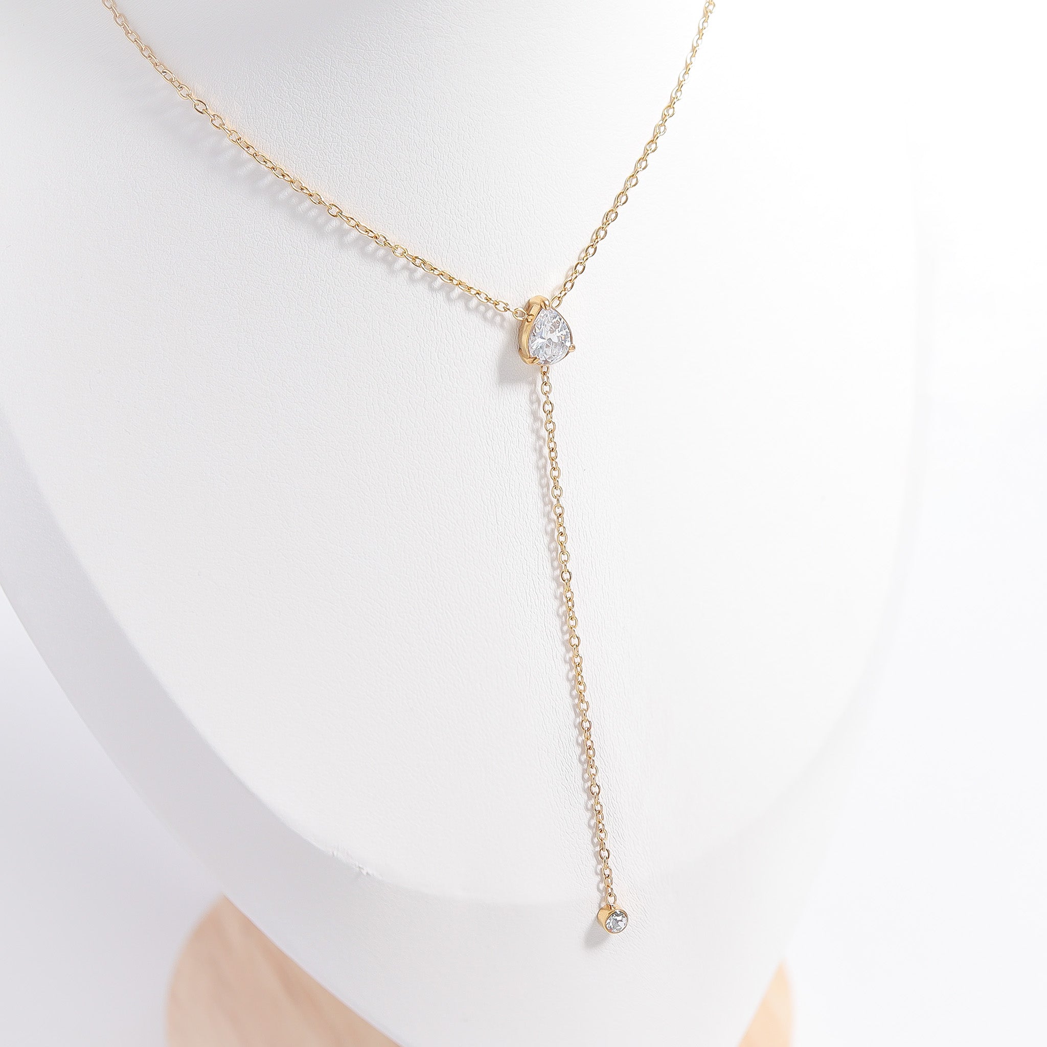 18K Gold PVD Stainless Steel Teardrop CZ Lariat Necklace / CHN0055、mySite、dreamappss