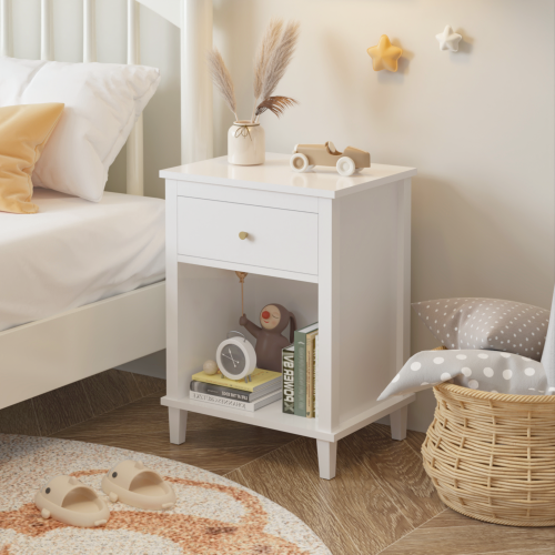 26.77''H Wooden Nightstand with One Drawer One Shelf for Kids, Adults, White+Golden handle、、casual