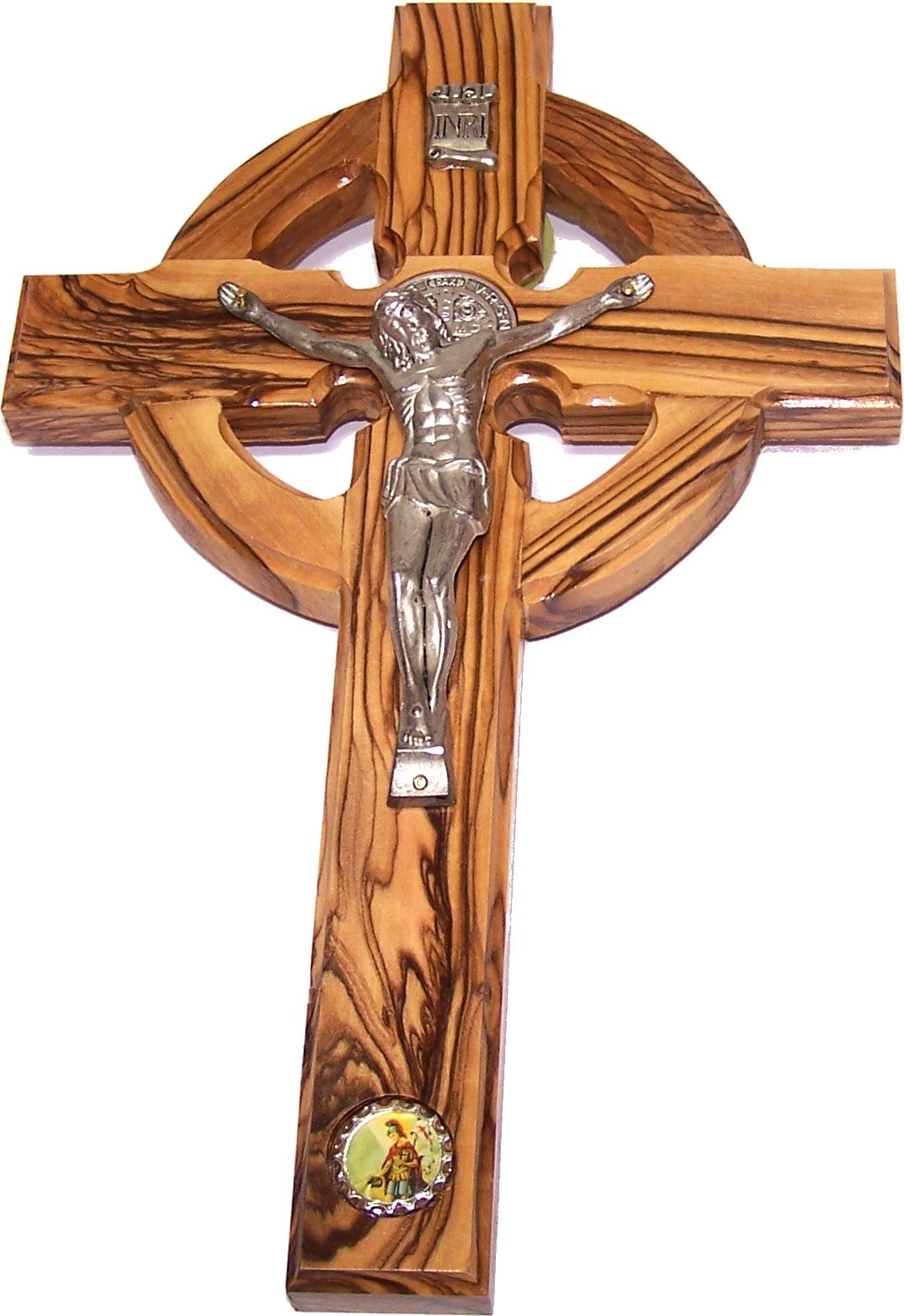  Celtic and St. Benedict Medal and Enamelled Saint Florian Medal Holy Land Handmade Wall Olive Wood Cross Crucifix - 10 Inches、mySite、elrpsem3k