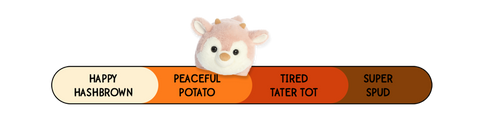 A Spudsters reindeer plush by Aurora that is placed at peaceful potato on the spud-o-meter
