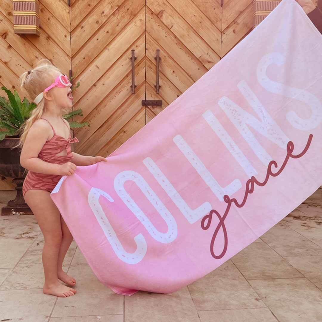  Pink Ombre Personalized Kids Beach Towel、mySite、layawaytickets
