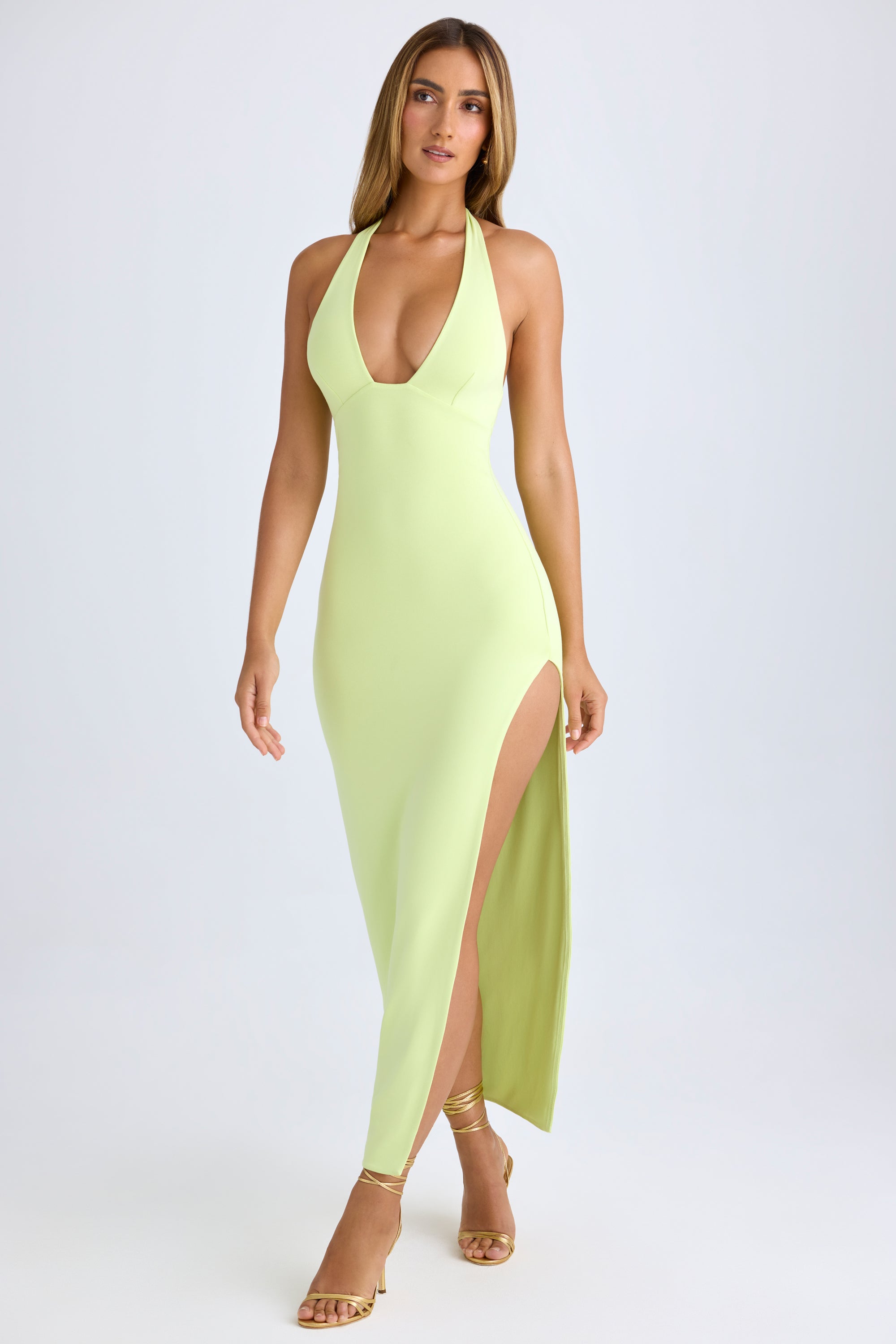 Modal High-Split Halterneck Maxi Dress in Matcha Green、mySite、solidvoid