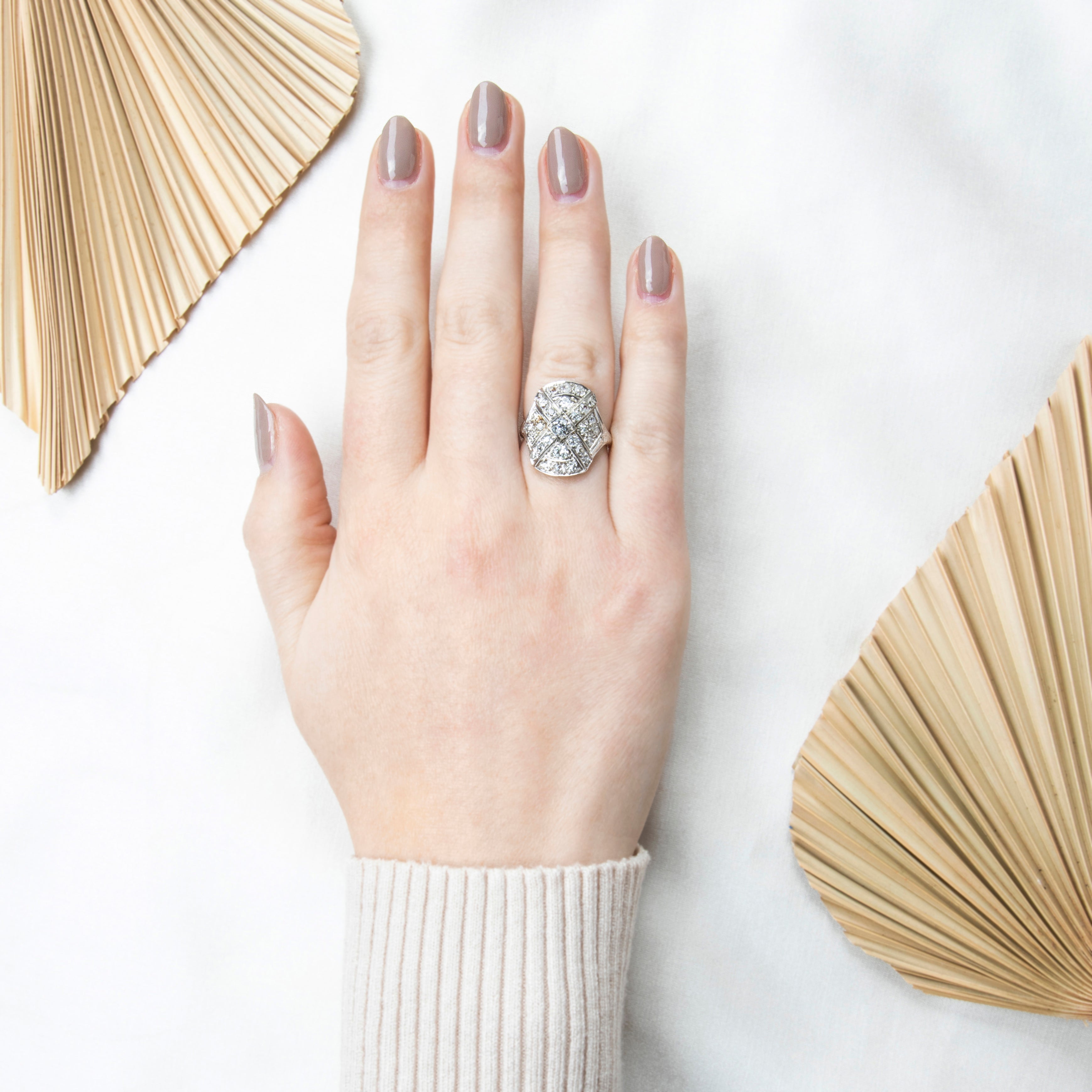 Antique Art Deco 14k White Gold 1ct Old Mine Diamond Intersecting Shield Ring 6、mySite、hinf8tx79