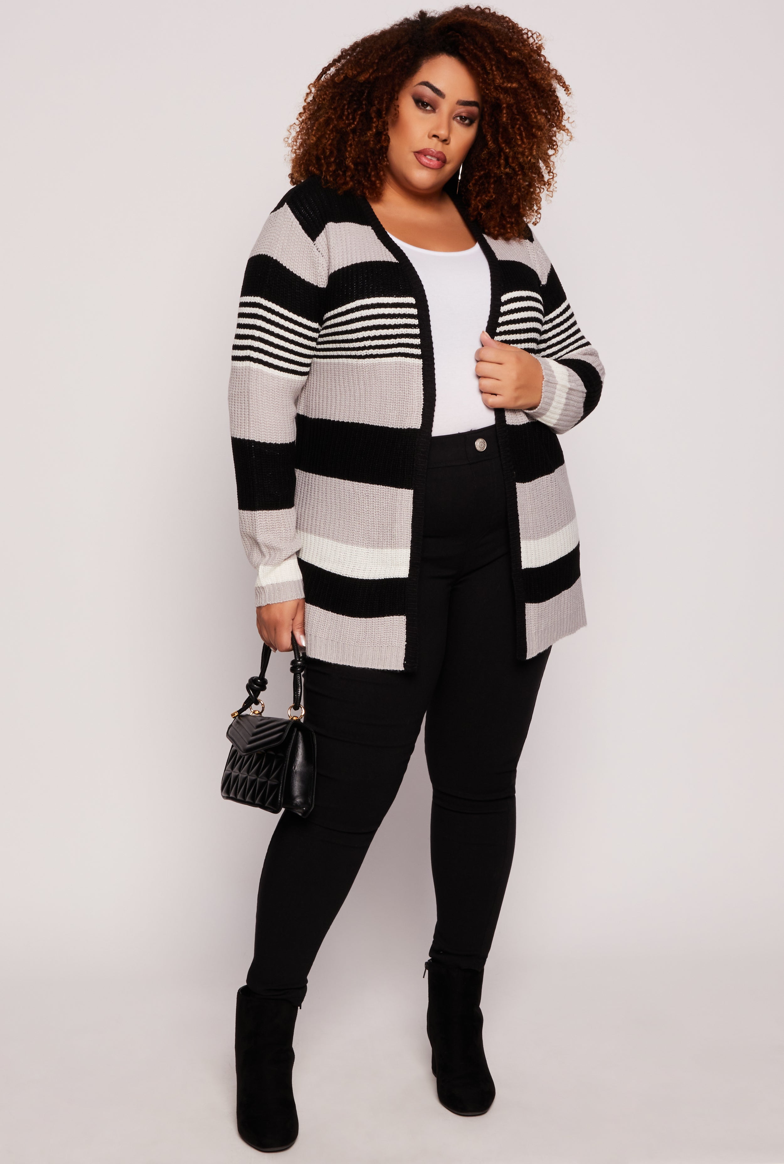 Plus Size Striped Open Front Cardigan、mySite、camillekostekn