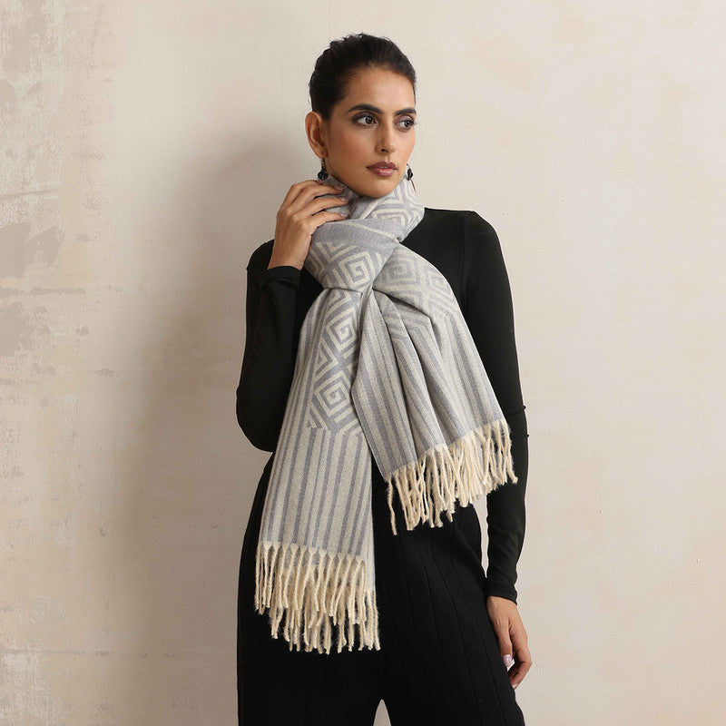 Woolen Printed Stole | Geometric Design | Grey、mySite、camillekostekn