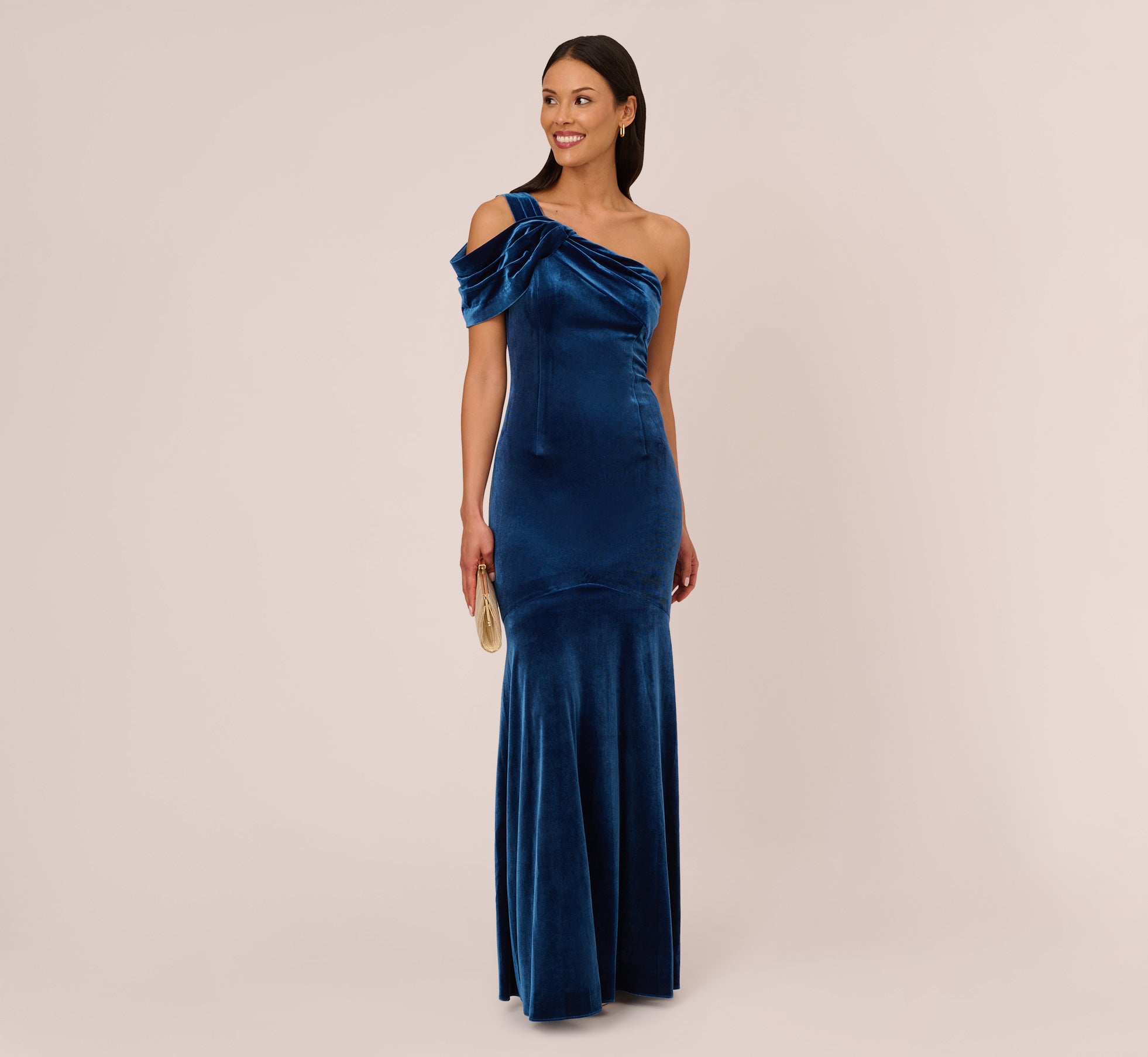 One Shoulder Velvet Mermaid Gown With Drape Sleeve In Ocean Wave、mySite、solidvoid