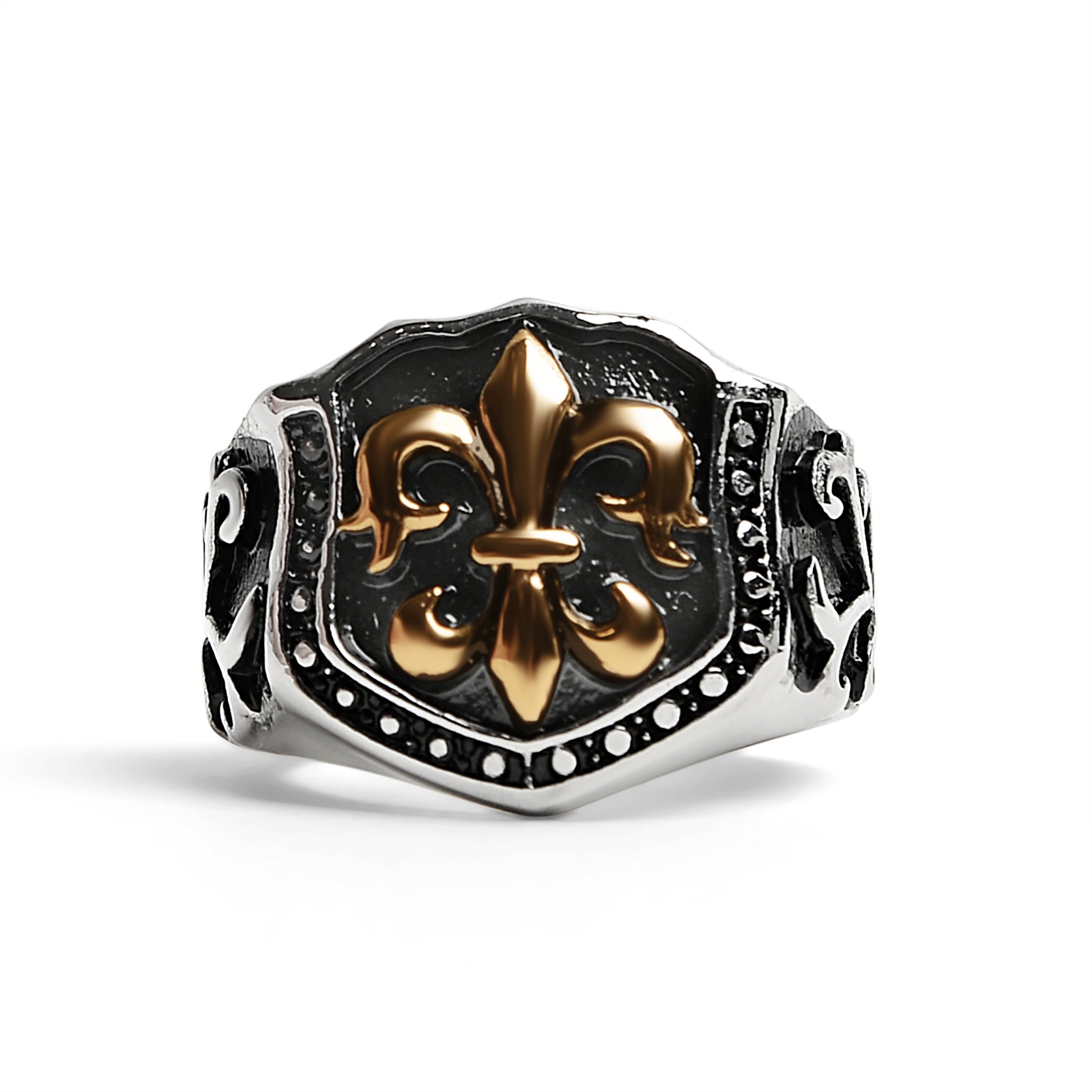 Stainless Steel 18K Gold PVD Coated Fleur De Lis Shield Signet Ring / SCR4034、mySite、dreamappss