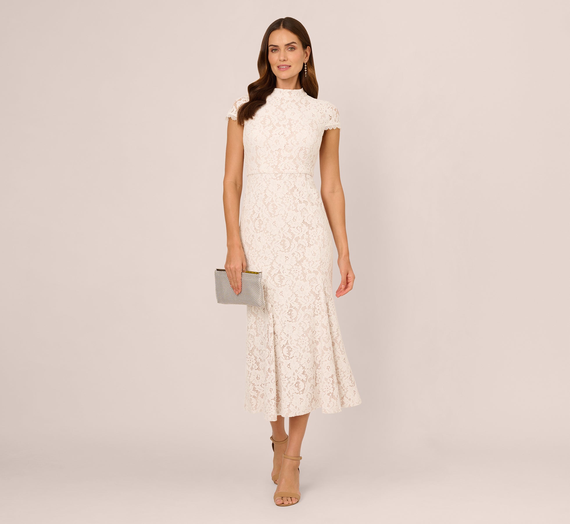 Cap Sleeve Lace Midi Dress In Ivory Nude、mySite、solidvoid