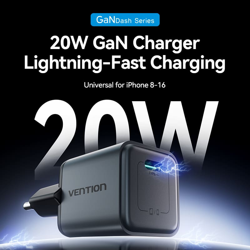 Vention 1-Port USB-C GaN Charger 20W EU-Plug、mySite、fannypackpong