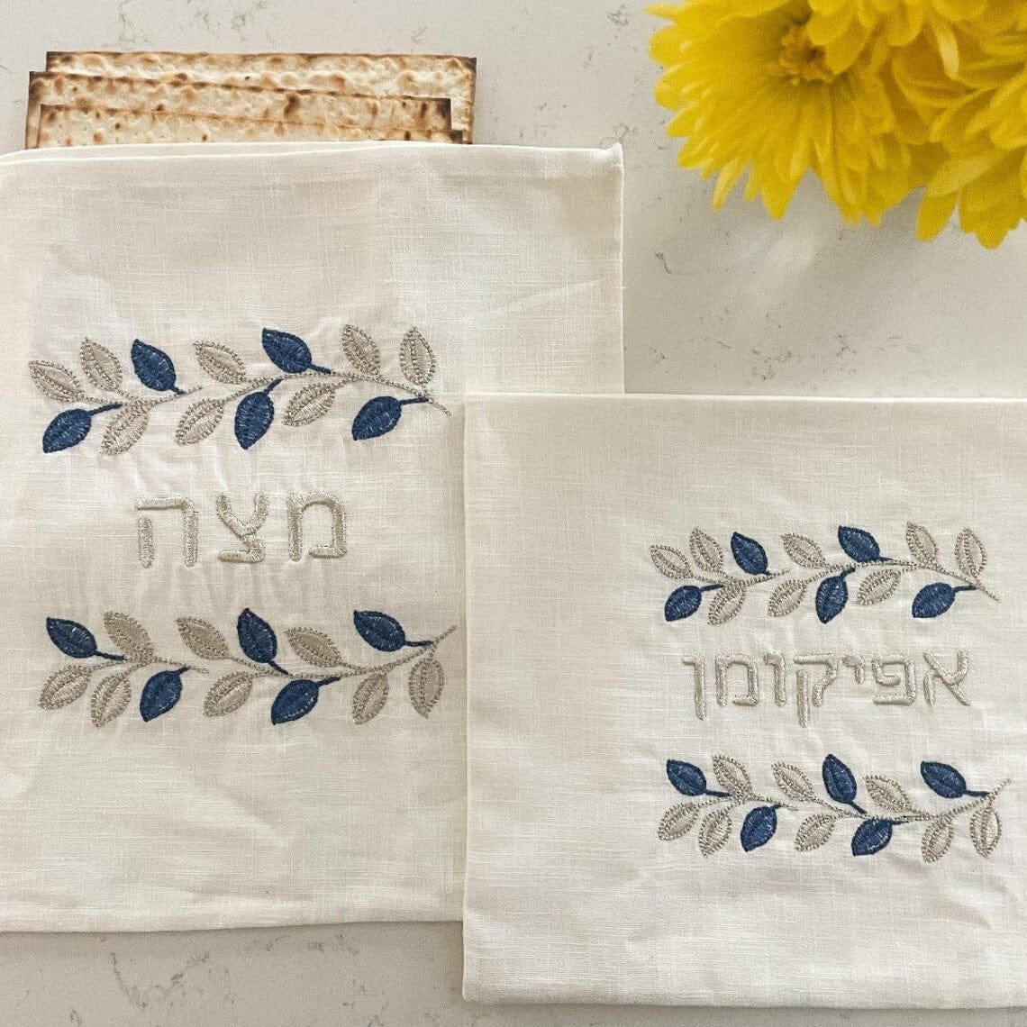Blue and Silver Leafy Matzah Cover and Afikomen Bag Set、mySite、topwebapps