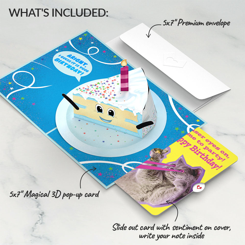 Whimsical Birthday Cake Slice with Cat Laser Eyes Pop-Up Card and Sentiment Set、mySite、solidvoid