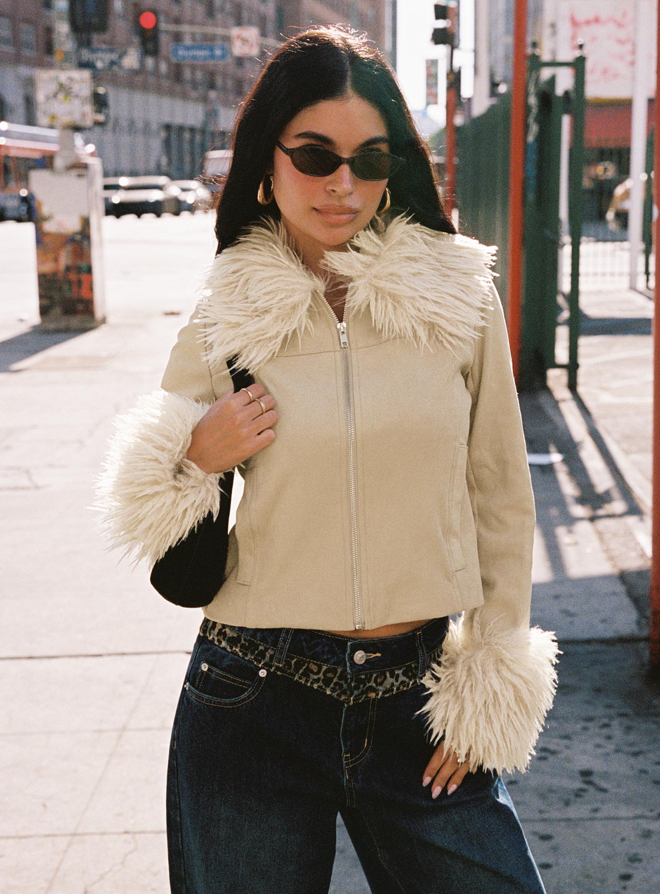 Jeanna Suede Faux Fur Detail Jacket Beige、mySite、solidvoid