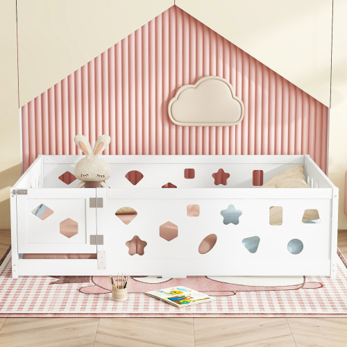 Twin Size Floor Bed with Heightened Safety Guardrails and Door, Solid Wood Bedframe with Rails for Girls, Boys, Teens, Child Bedroom, Kids Playroom, No Slats Included, White、、casual