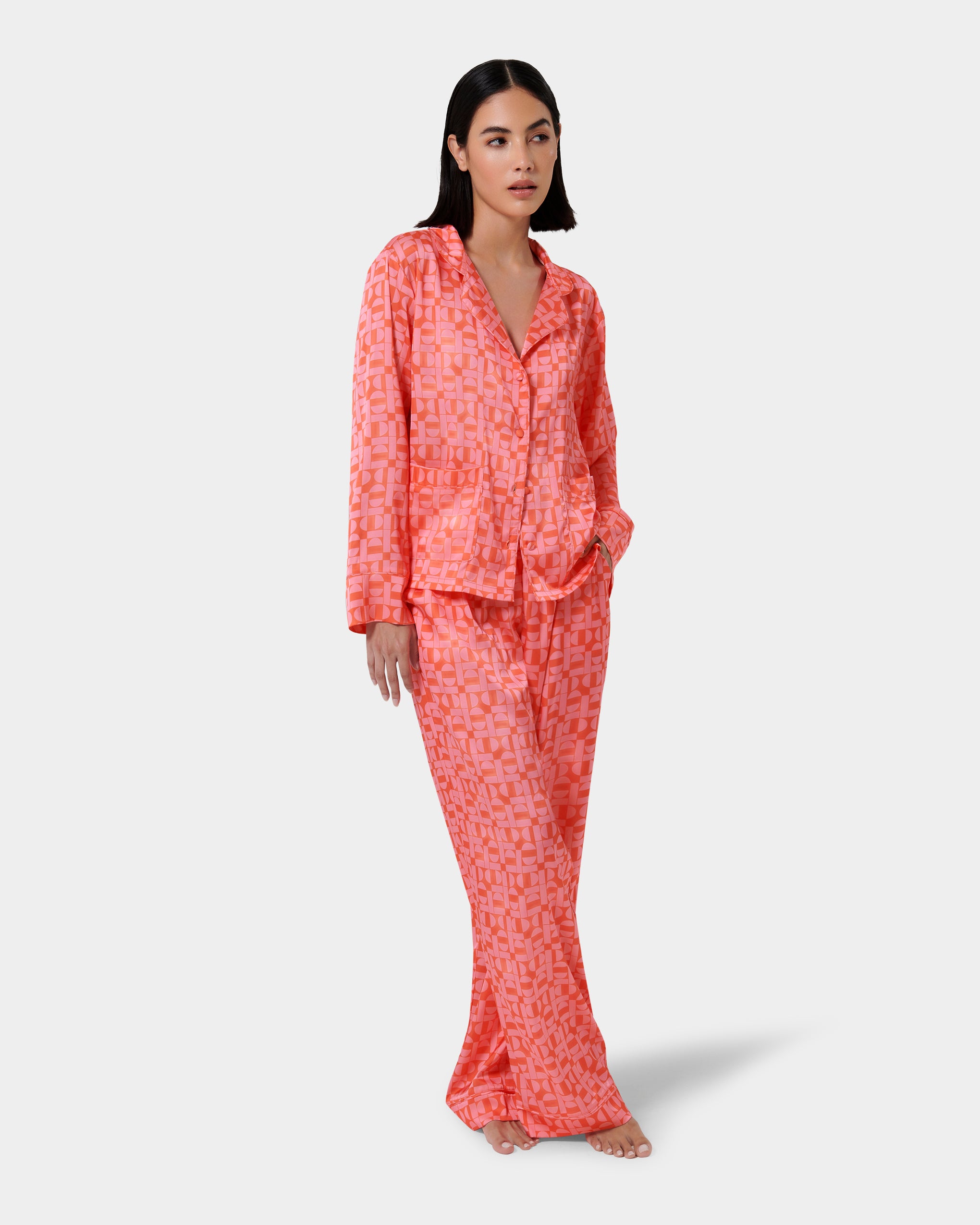 Tabitha Luxury Satin Long Pyjama Set Hot Coral/Dianthus Pink、mySite、bengalsvssteelers